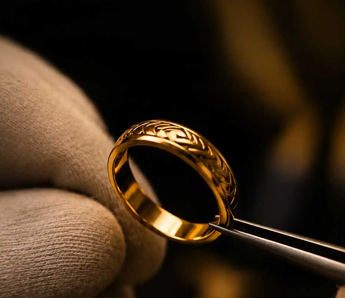 Close-up of an engraved gold ring held in tweezers against beige gloved fingers, lit warmly against a dark blurred background.