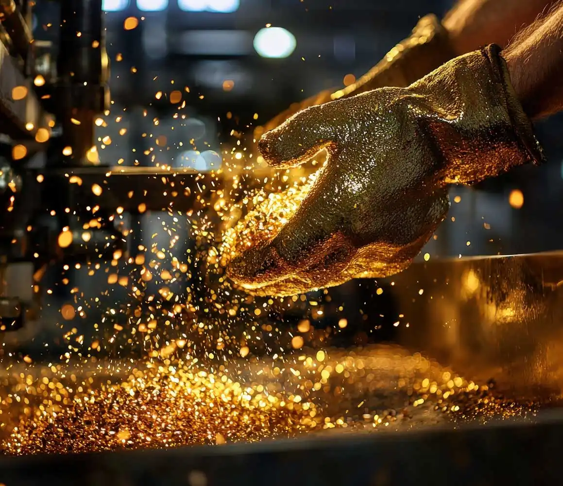 Gold plating process with worker’s hand scattering molten gold particles in industrial workshop, glowing sparks and molten metal close-up