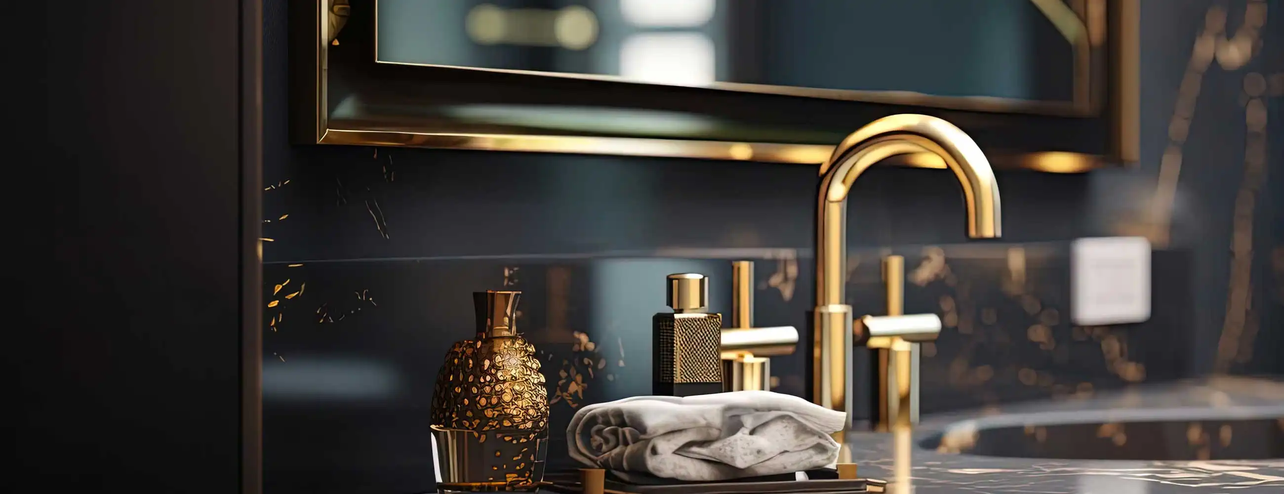 luxury black marble bathroom sink with gold faucet and accessories, modern elegant vanity countertop with brass fixtures, folded towel, decorative vase, and soft ambient lighting