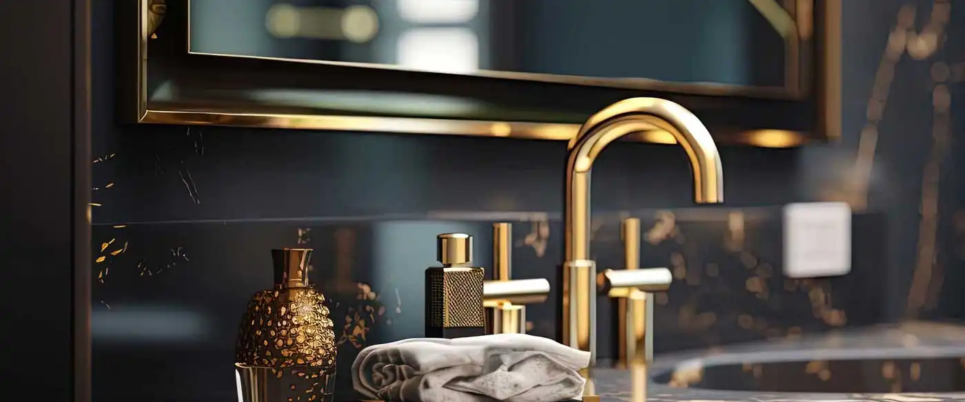 luxury black marble bathroom sink with gold faucet and accessories, modern elegant vanity countertop with brass fixtures, folded towel, decorative vase, and soft ambient lighting