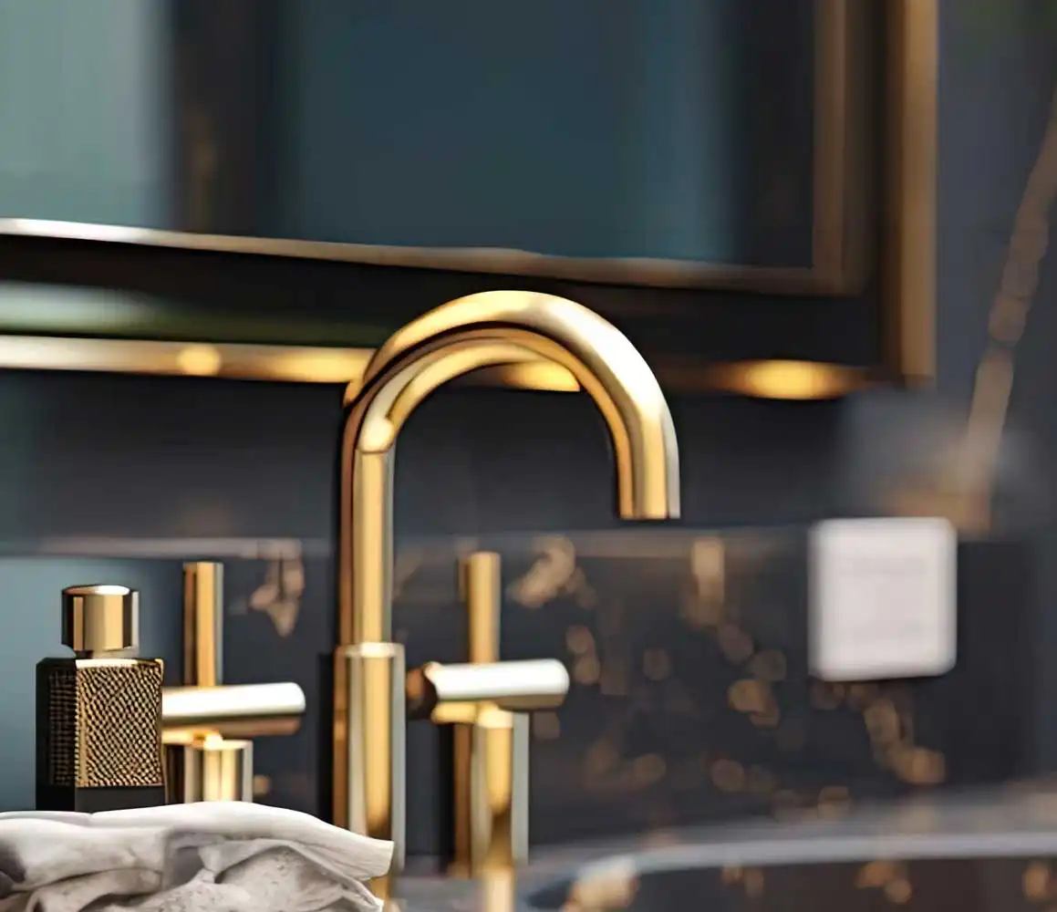 luxury black marble bathroom sink with gold faucet and accessories, modern elegant vanity countertop with brass fixtures, folded towel, decorative vase, and soft ambient lighting