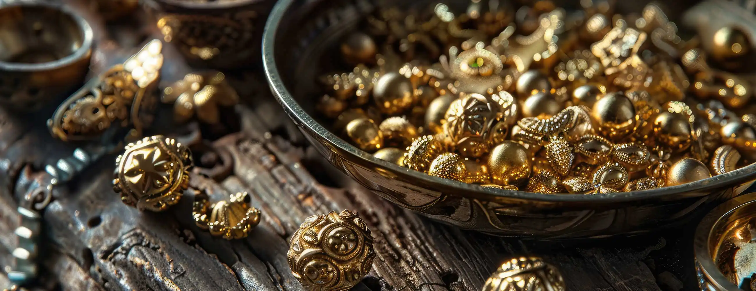Close-up of assorted gold jewelry pieces and decorative metal ornaments in a bowl on a rustic wooden surface, showcasing intricate textures and warm lighting