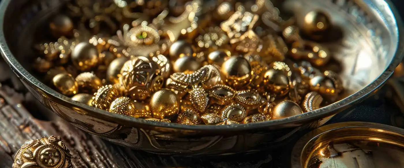 Close-up of assorted gold jewelry pieces and decorative metal ornaments in a bowl on a rustic wooden surface, showcasing intricate textures and warm lighting