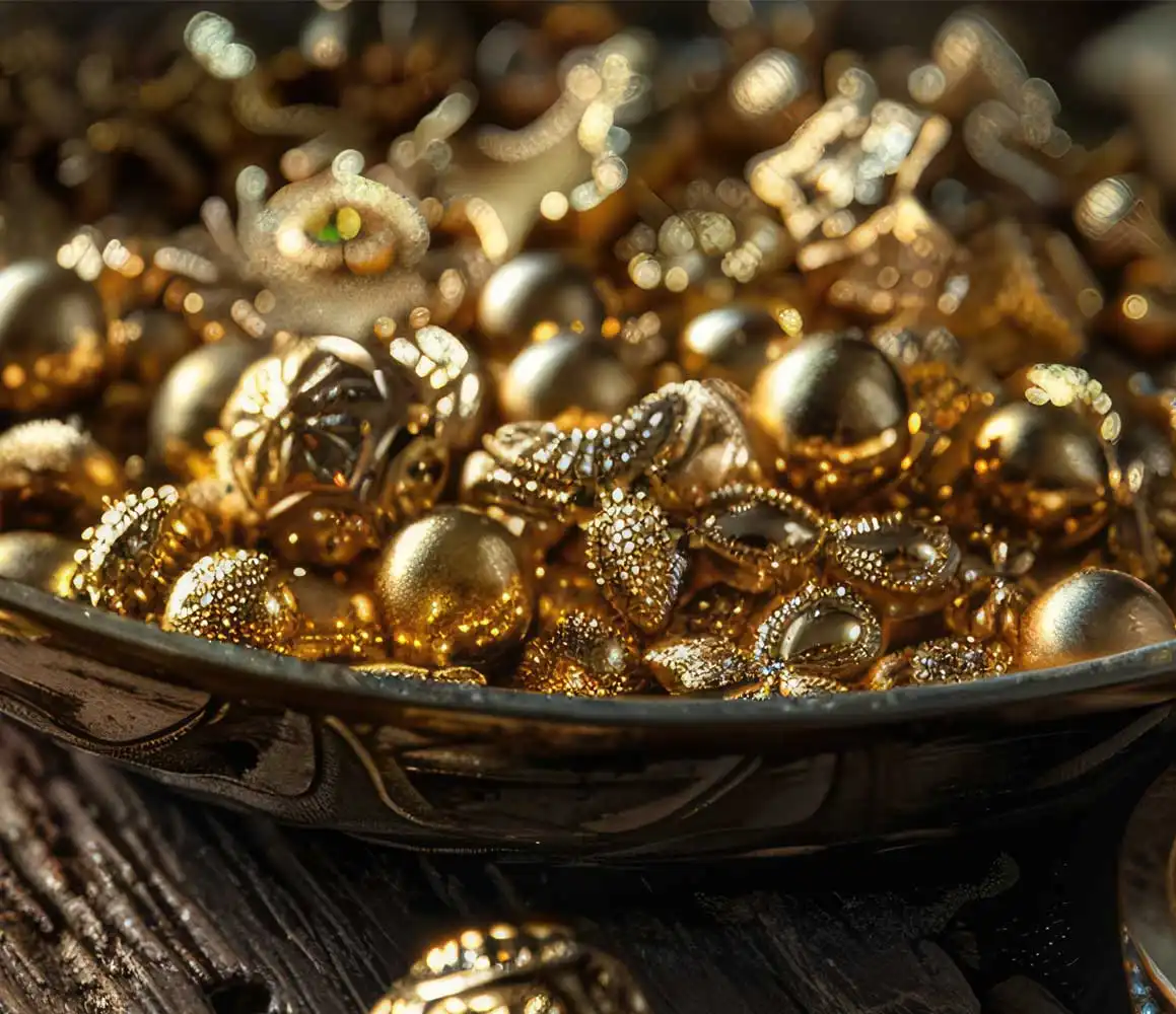 Close-up of assorted gold jewelry pieces and decorative metal ornaments in a bowl on a rustic wooden surface, showcasing intricate textures and warm lighting