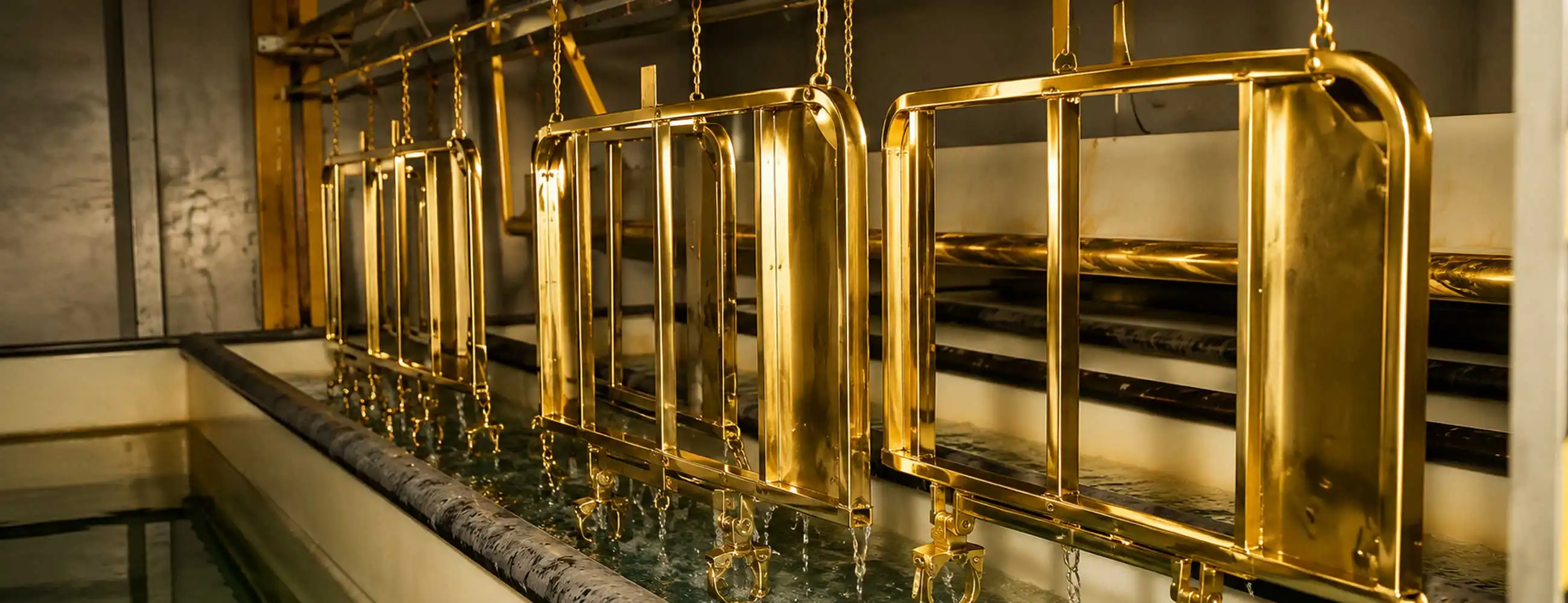 wide industrial gold plating line with polished metal frames hanging over chemical bath, showcasing reflective gold-coated components in manufacturing process