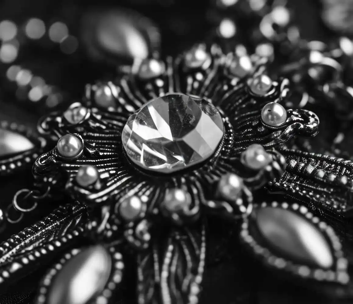 black and white macro close-up of ornate vintage jewelry with faceted gemstone centerpiece and intricate metal detailing, highlighting texture and craftsmanship