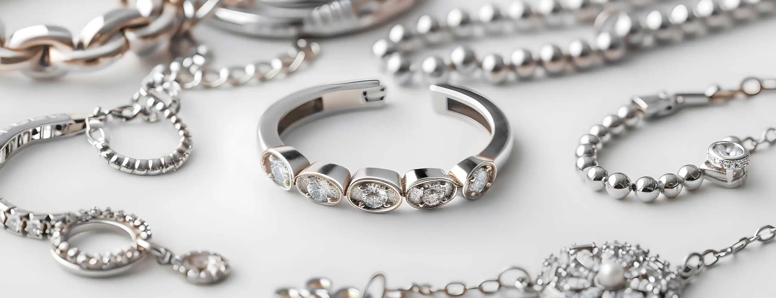 close-up of modern silver and diamond jewelry including bracelet, chains, and luxury cuff with gemstones on clean white background showcasing premium craftsmanship