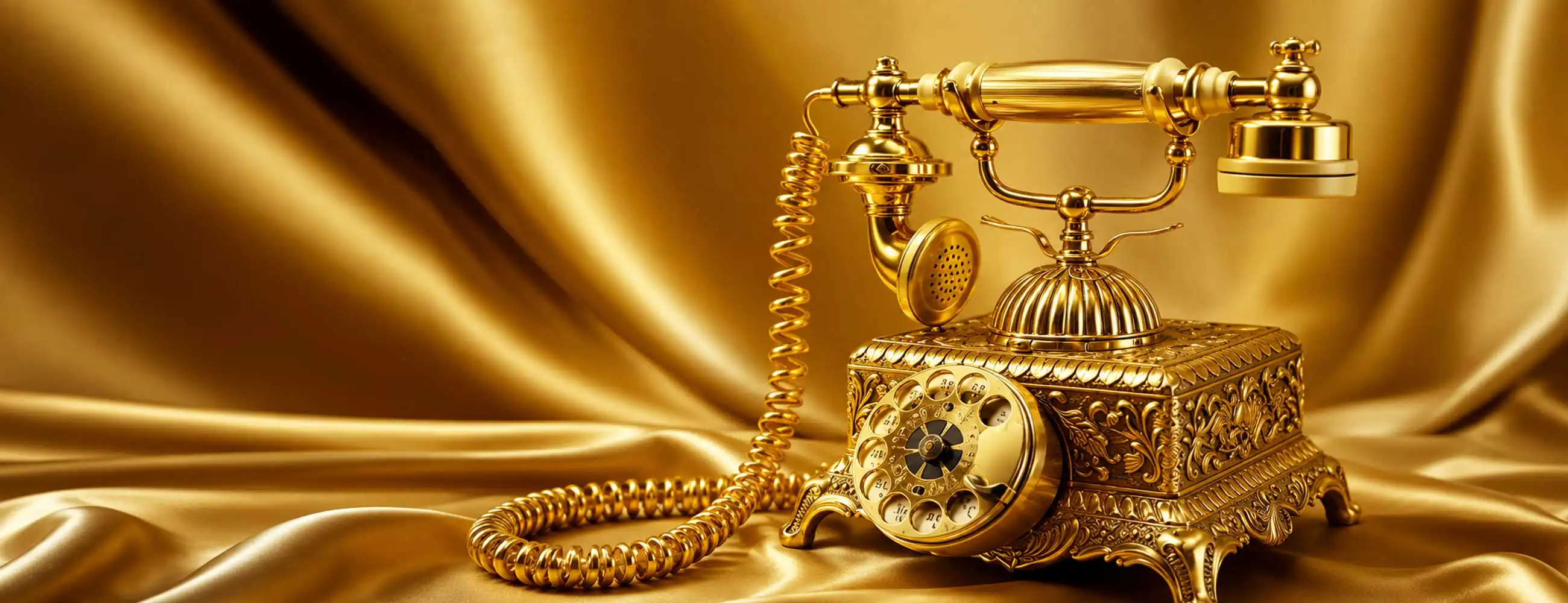 luxury gold antique rotary telephone on silky golden fabric background with ornate detailing and reflective finish, showcasing premium vintage design and high-end craftsmanship