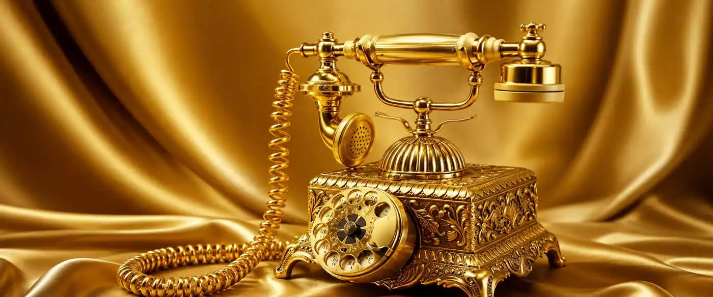 luxury gold antique rotary telephone on silky golden fabric background with ornate detailing and reflective finish, showcasing premium vintage design and high-end craftsmanship