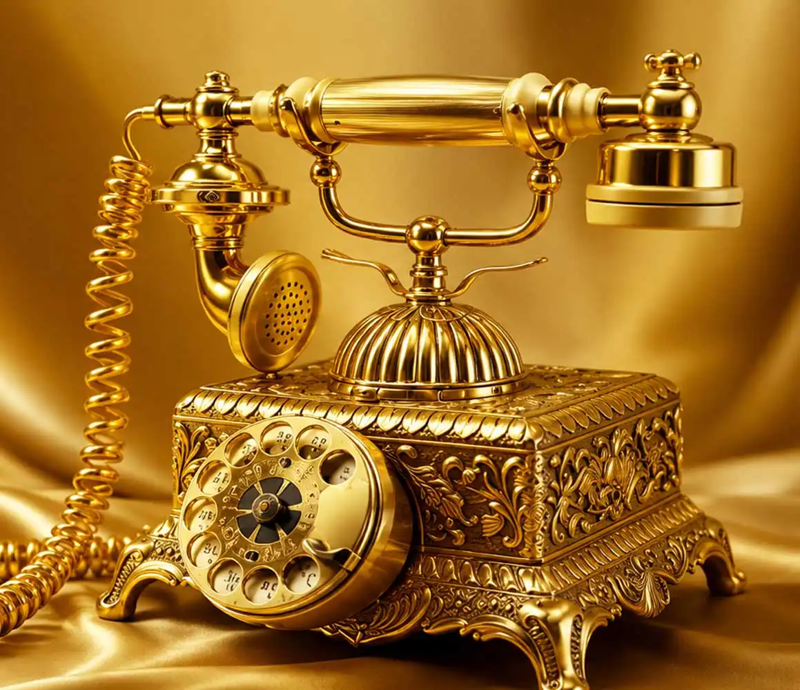 luxury gold antique rotary telephone on silky golden fabric background with ornate detailing and reflective finish, showcasing premium vintage design and high-end craftsmanship