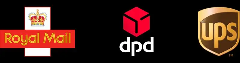 delivery service logos including Royal Mail, DPD and UPS displayed on black background representing courier and shipping providers