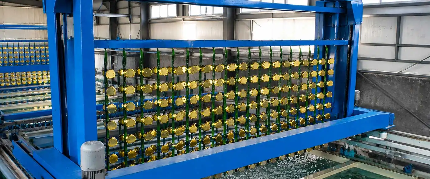 High-resolution industrial electroplating facility with blue metal gantry, black valves, and rows of gold-coated components suspended above bubbling chemical tanks in a modern factory setting.