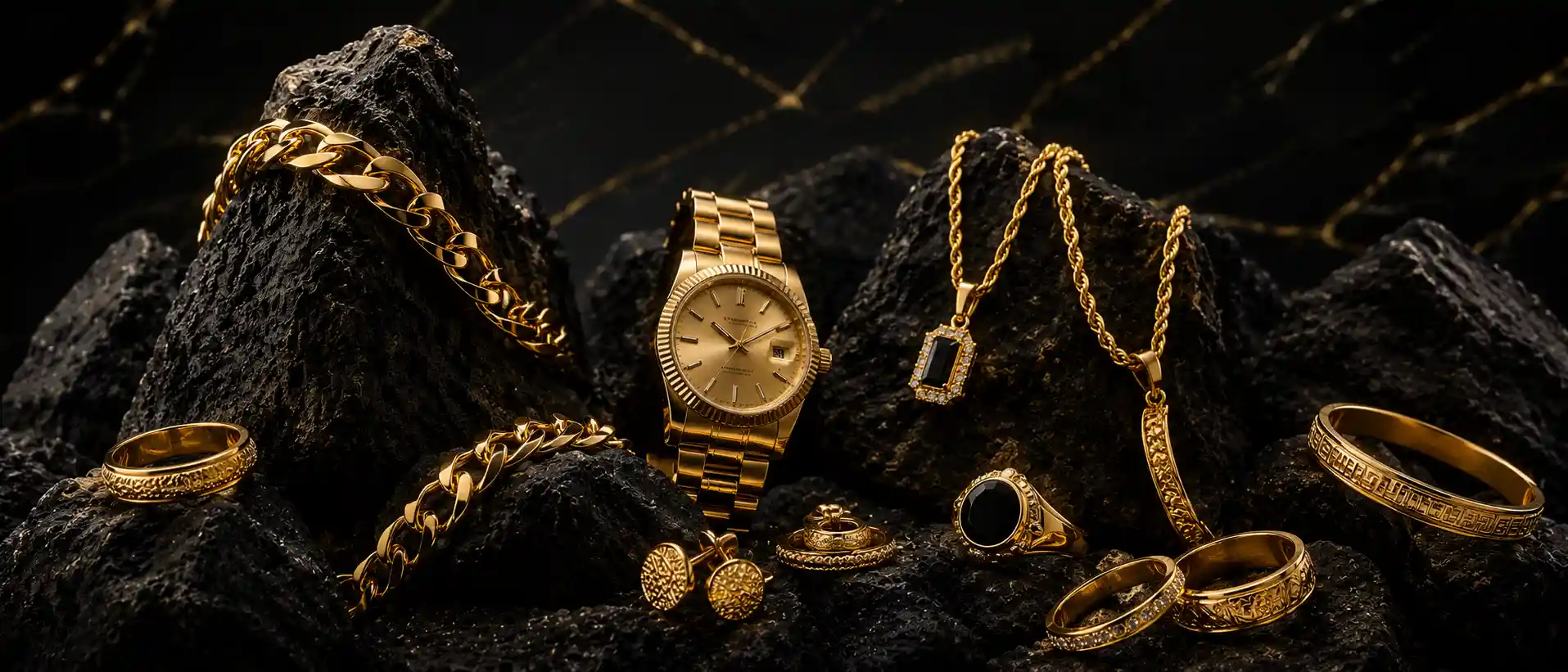 Luxury gold jewellery display arranged on dark volcanic rocks, featuring polished chains, rings, pendants, and a gold wristwatch in a dramatic high-contrast setting with a black marble background.