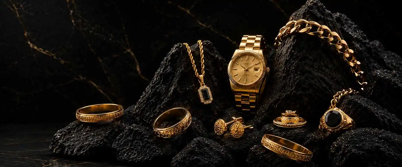 Luxury gold jewellery and accessories arranged on dark volcanic rocks, featuring rings, chains, cufflinks, and a gold wristwatch positioned to the right with dramatic lighting against a black marble background.