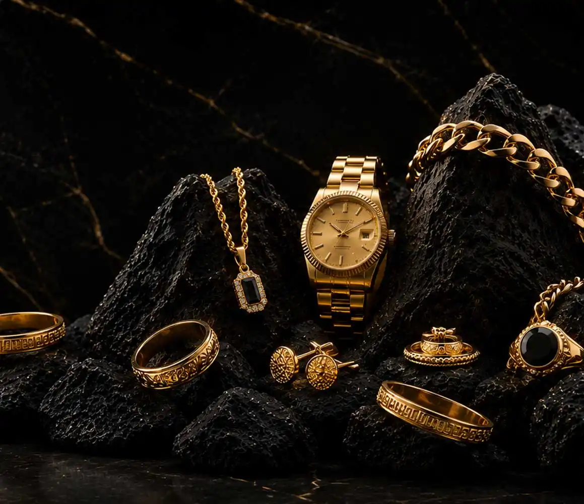 Luxury gold jewellery and accessories arranged on dark volcanic rocks, featuring rings, chains, cufflinks, and a gold wristwatch positioned to the right with dramatic lighting against a black marble background.