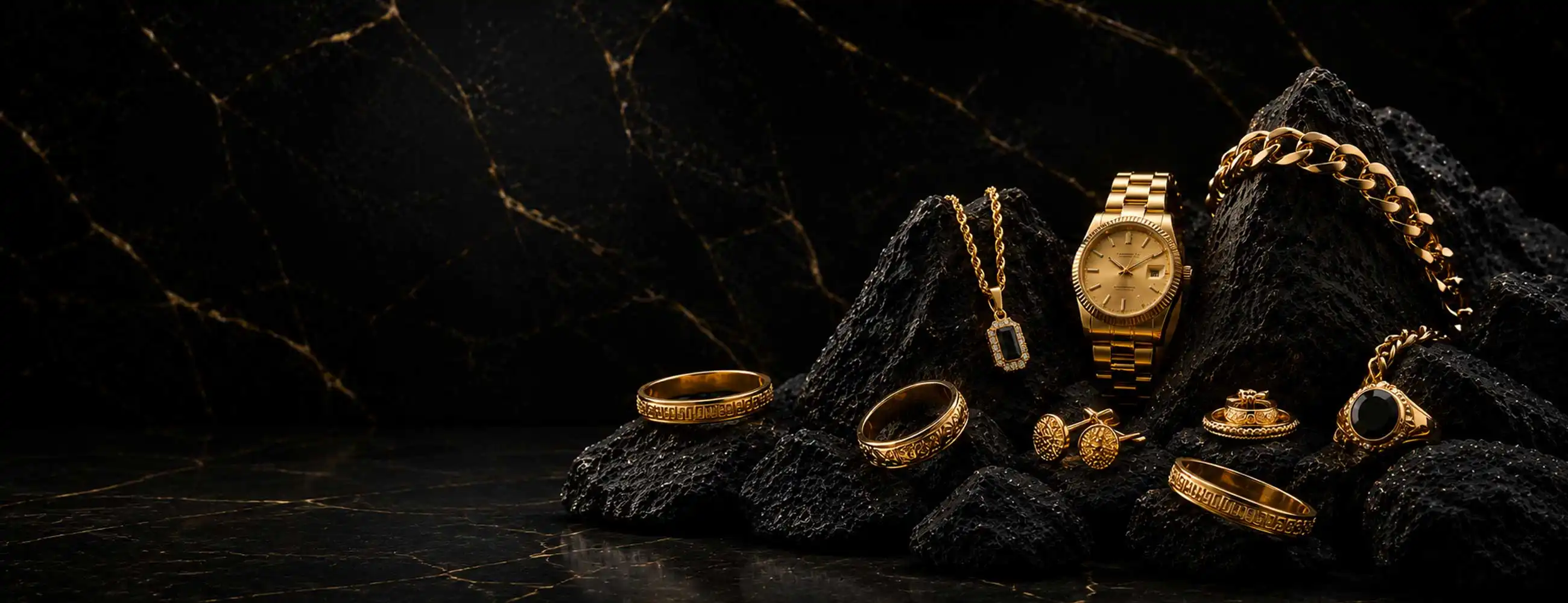 Luxury gold jewellery and accessories arranged on dark volcanic rocks, featuring rings, chains, cufflinks, and a gold wristwatch positioned to the right with dramatic lighting against a black marble background.