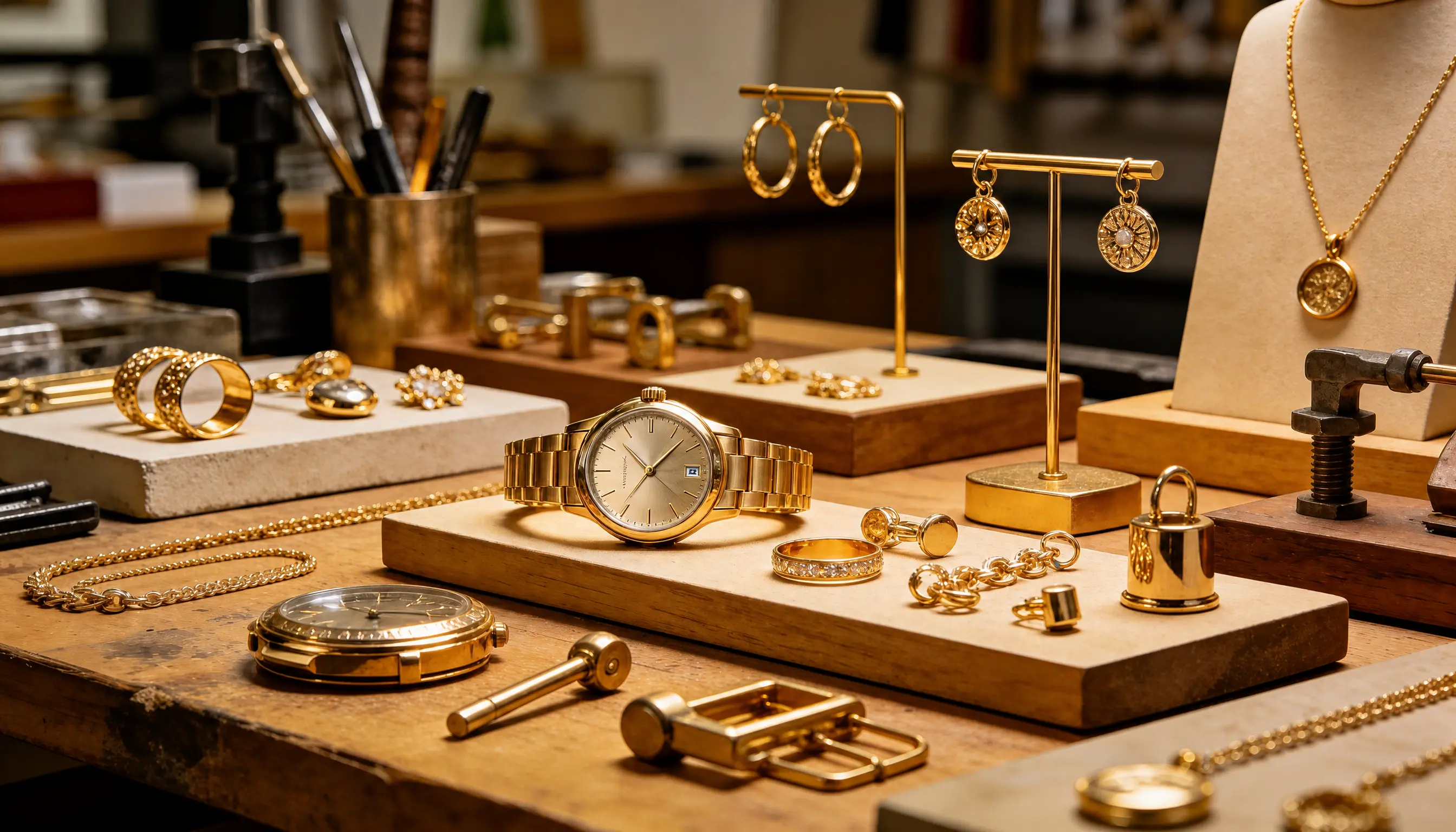 hero image of gold plating services in Guildford highlighting professional metal finishing and polished components in a workshop setting