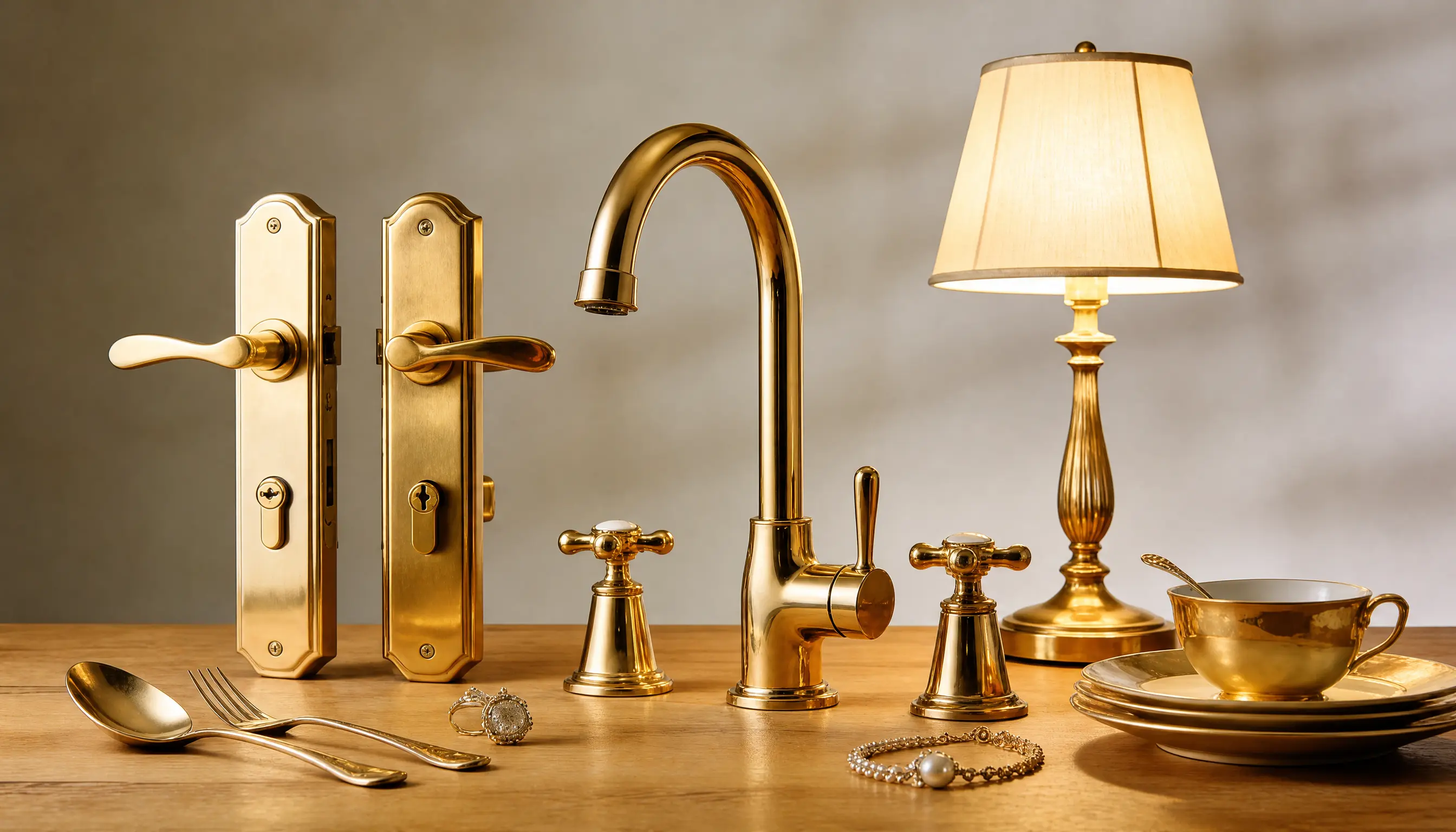 collection of gold plated household items including door handles, faucet, lamp, cutlery and tableware displayed on wooden surface showcasing premium metal finishing and luxury craftsmanship