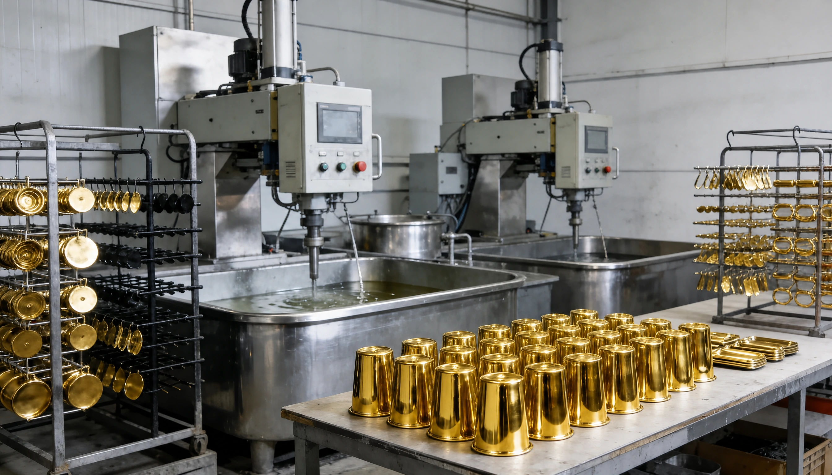 Gold plated cups on drying racks beside automated plating tanks, repeat runs for Wokingham businesses