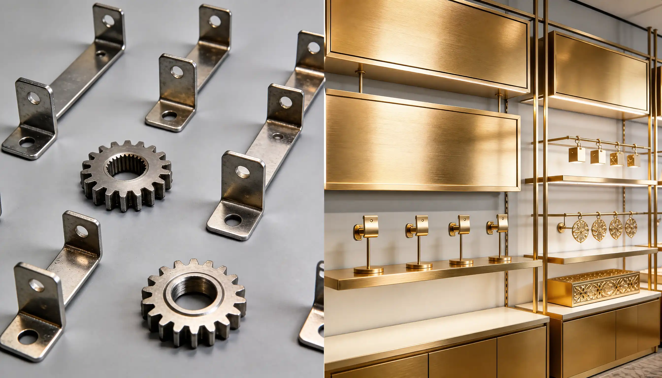 Steel brackets and gears beside gold plated display shelving, component and fit-out plating for Woking