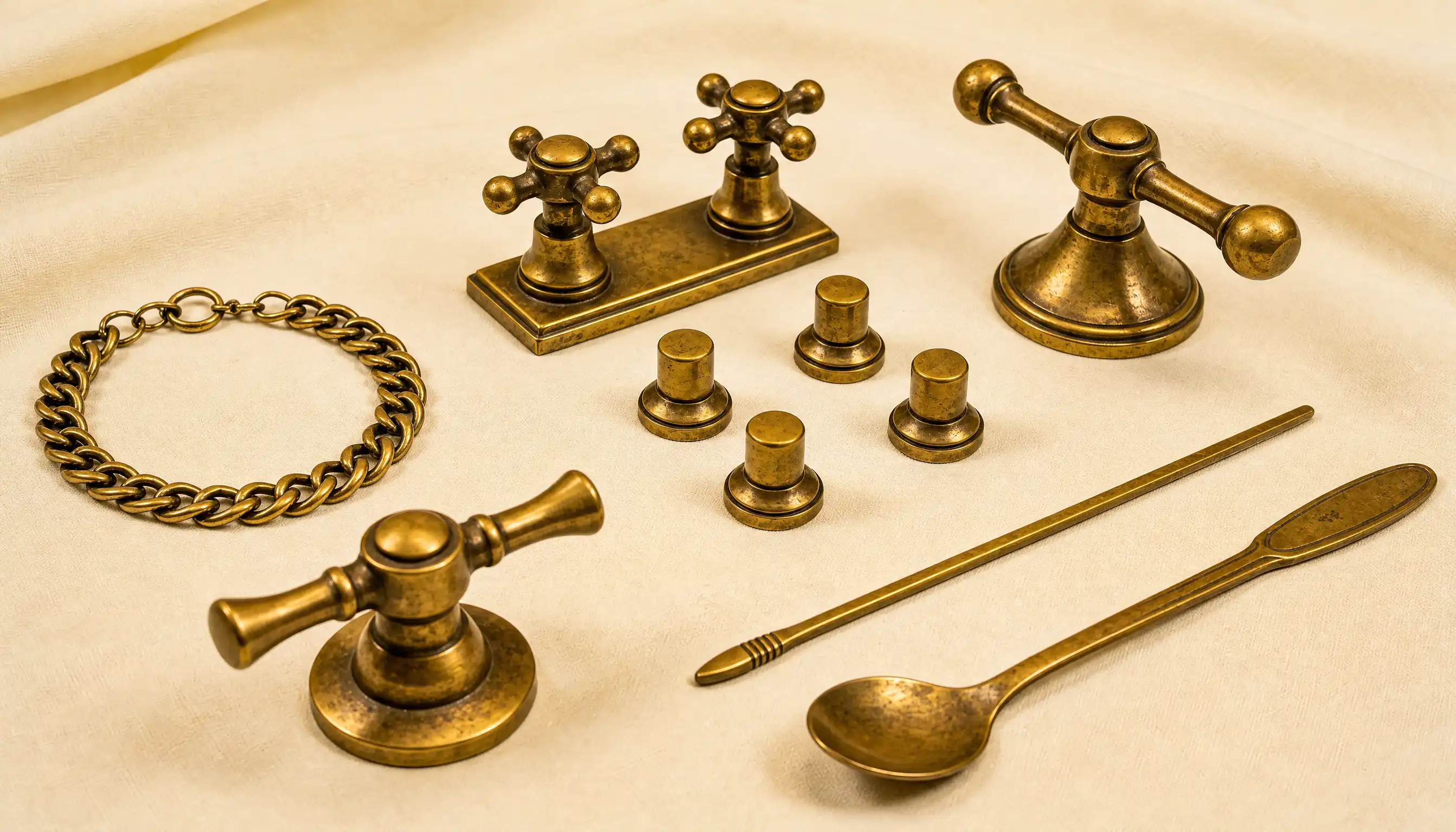 Antique toned tap set, door knobs, chain bracelet and spoon on cloth, heritage matching for Winchester