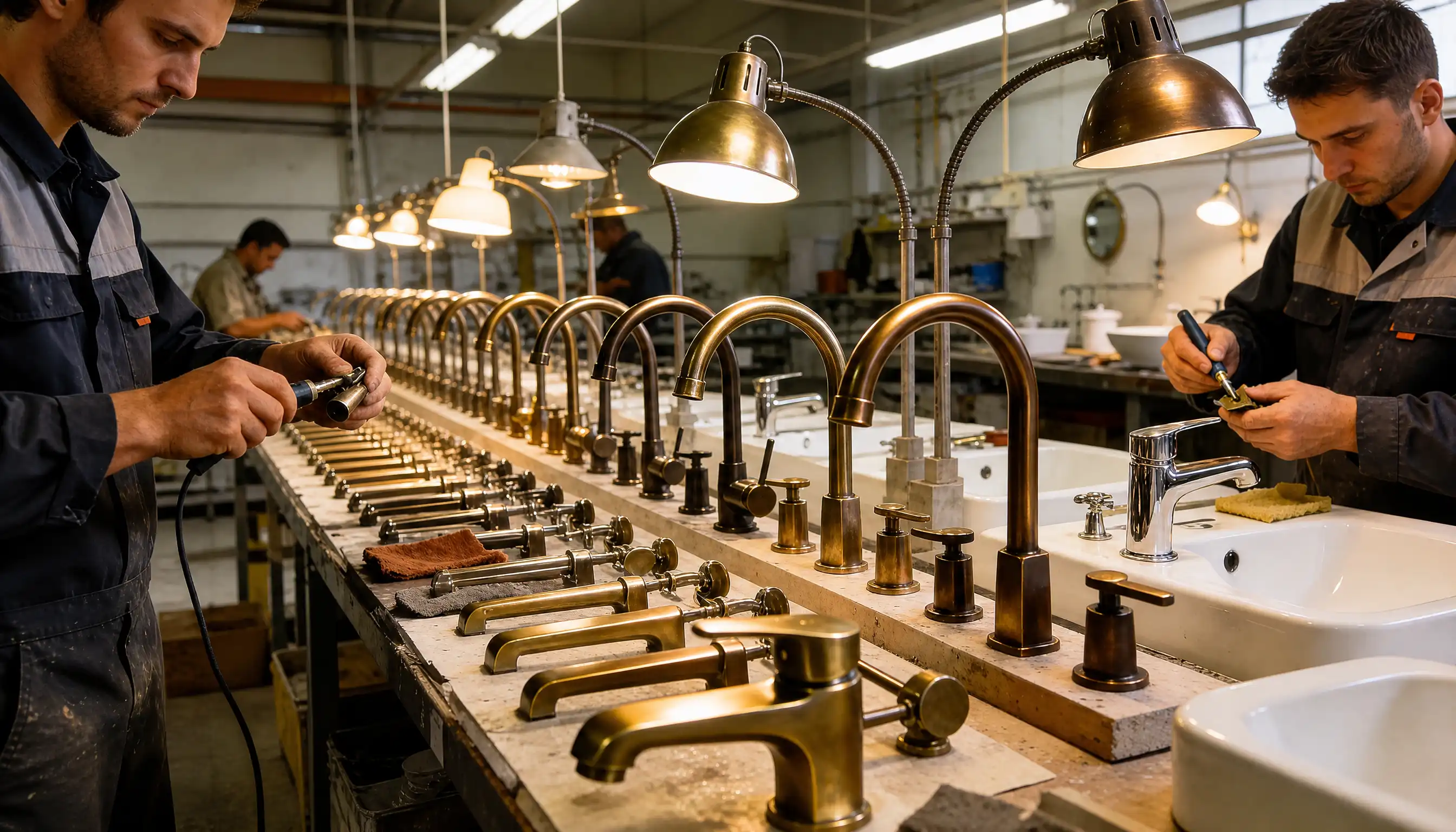 Workshop row of gold plated basin taps being finished by hand, matched set for a Surbiton property