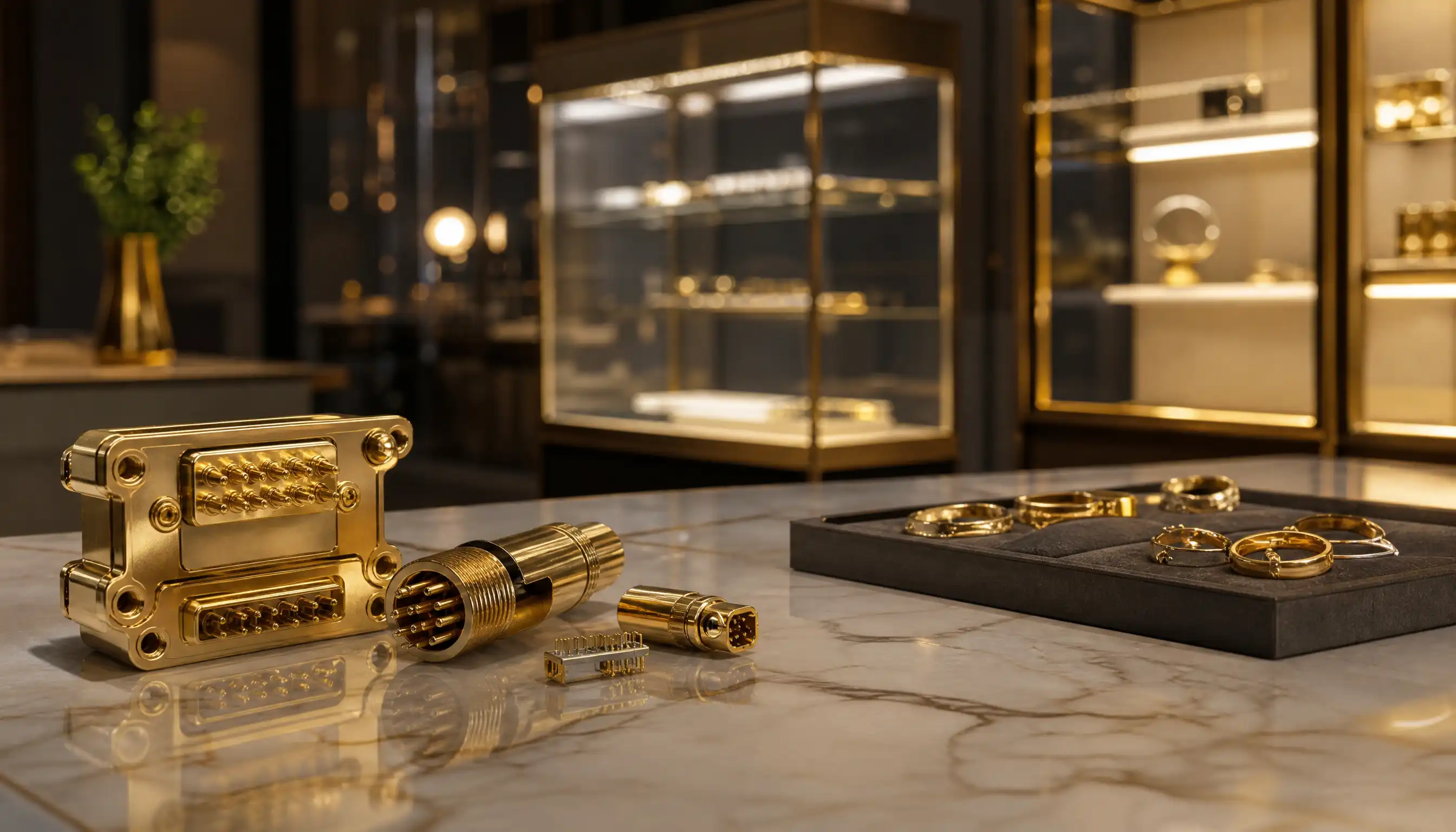 Gold plated connectors and housings on marble with lit retail cabinets behind, Reading commercial work