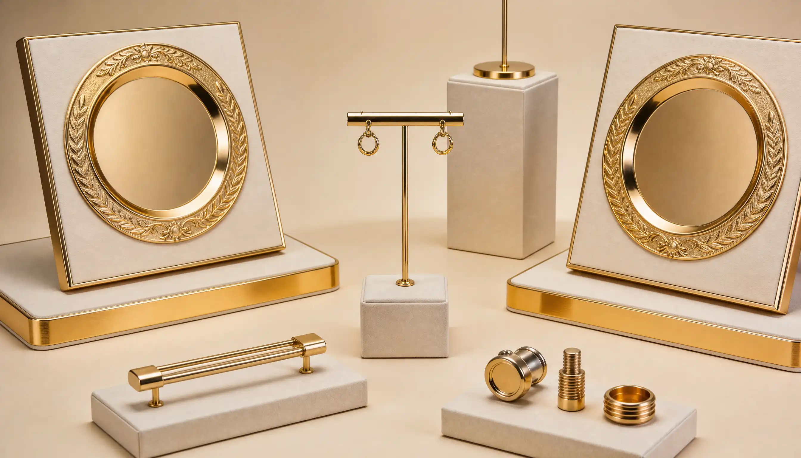 Gold plated award plaques and jewellery stand on display blocks, corporate finishing for Newbury