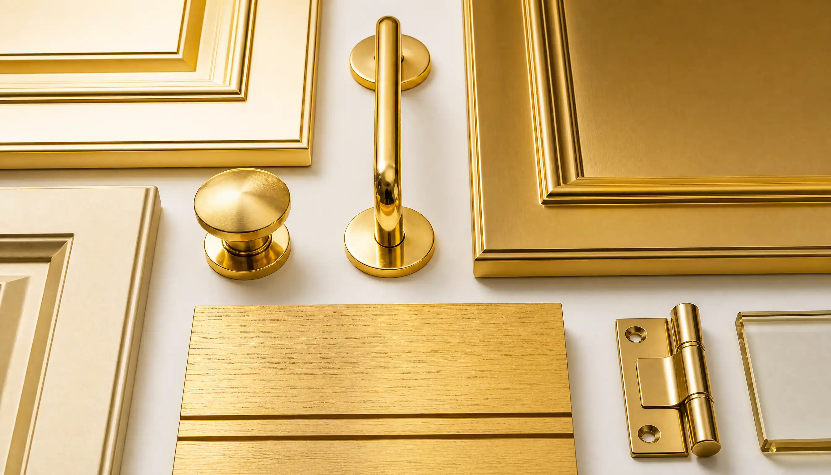 Gold plated frames, cabinet knob, pull handle and hinge on cream, architectural hardware for Maidenhead