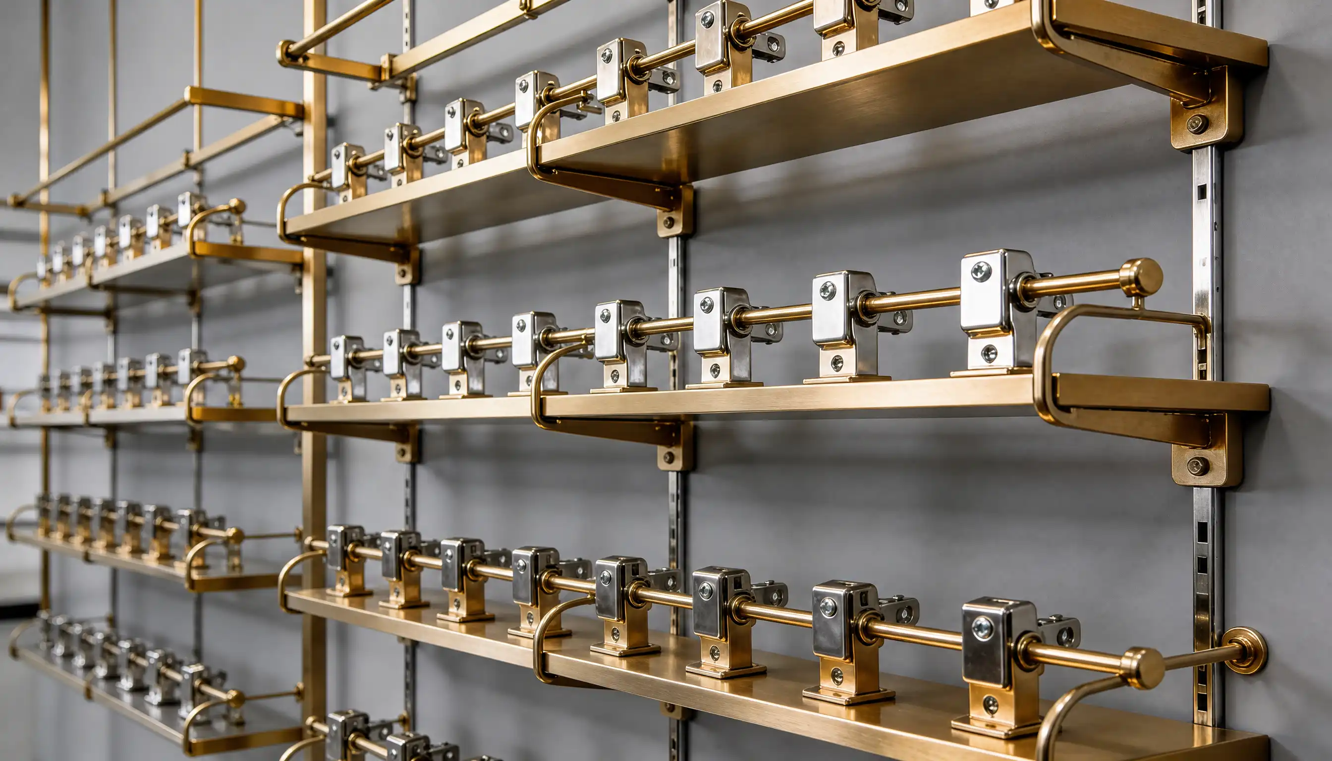 Gold plated brackets, rails and arms on a shop display system, matched finish for Guildford retail