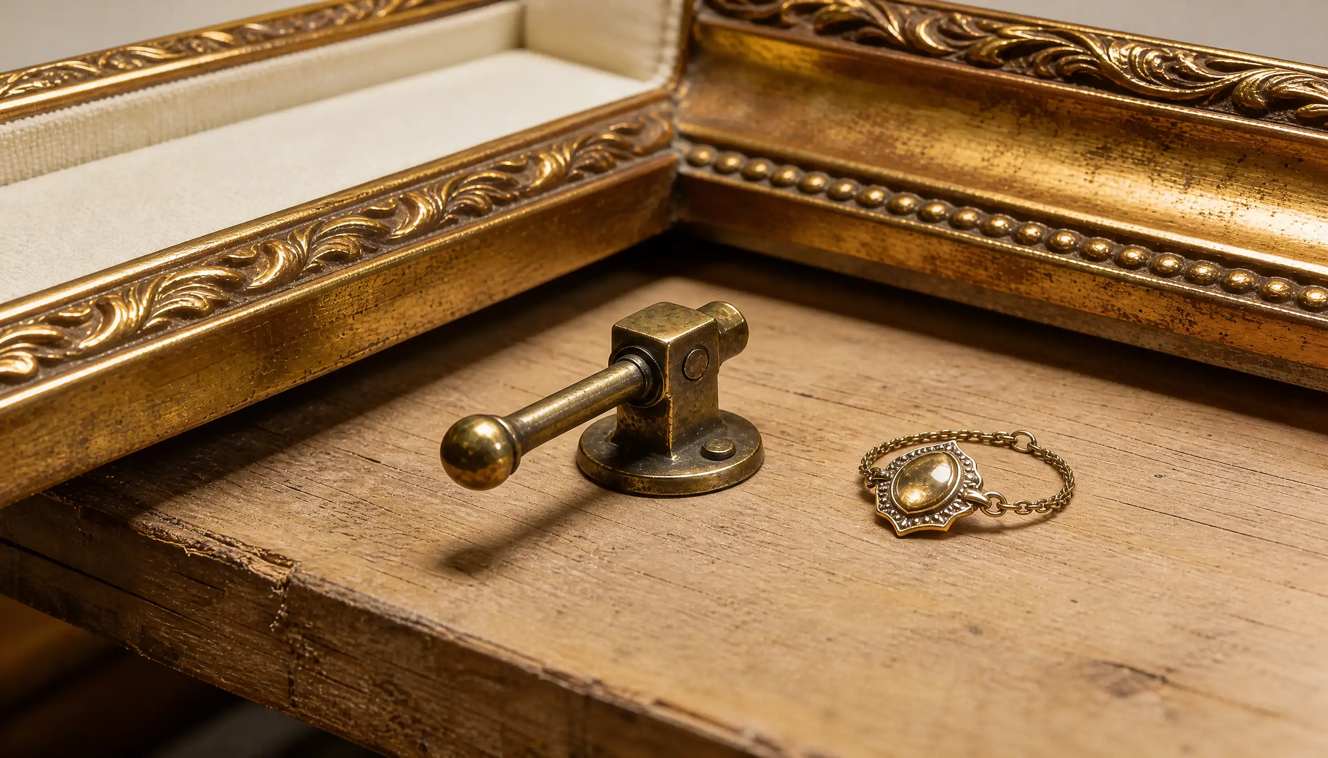Aged brass door stop and pendant beside a gilt frame corner, antique toned plating for Godalming restorers