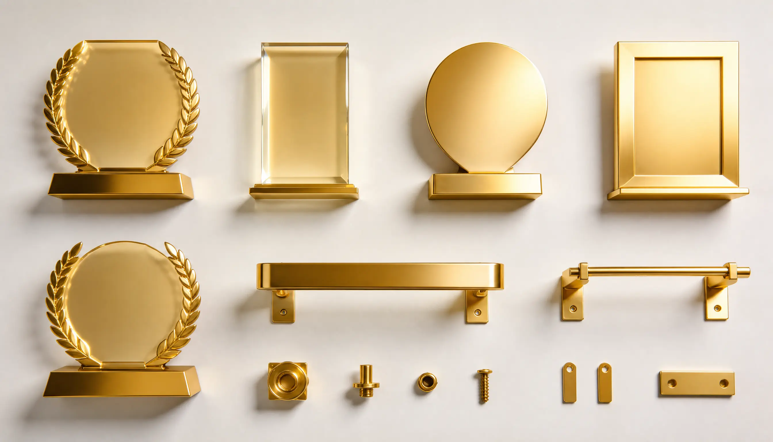 Gold plated laurel trophies, plaques and pull handles laid out flat, branded finishing for Fleet firms
