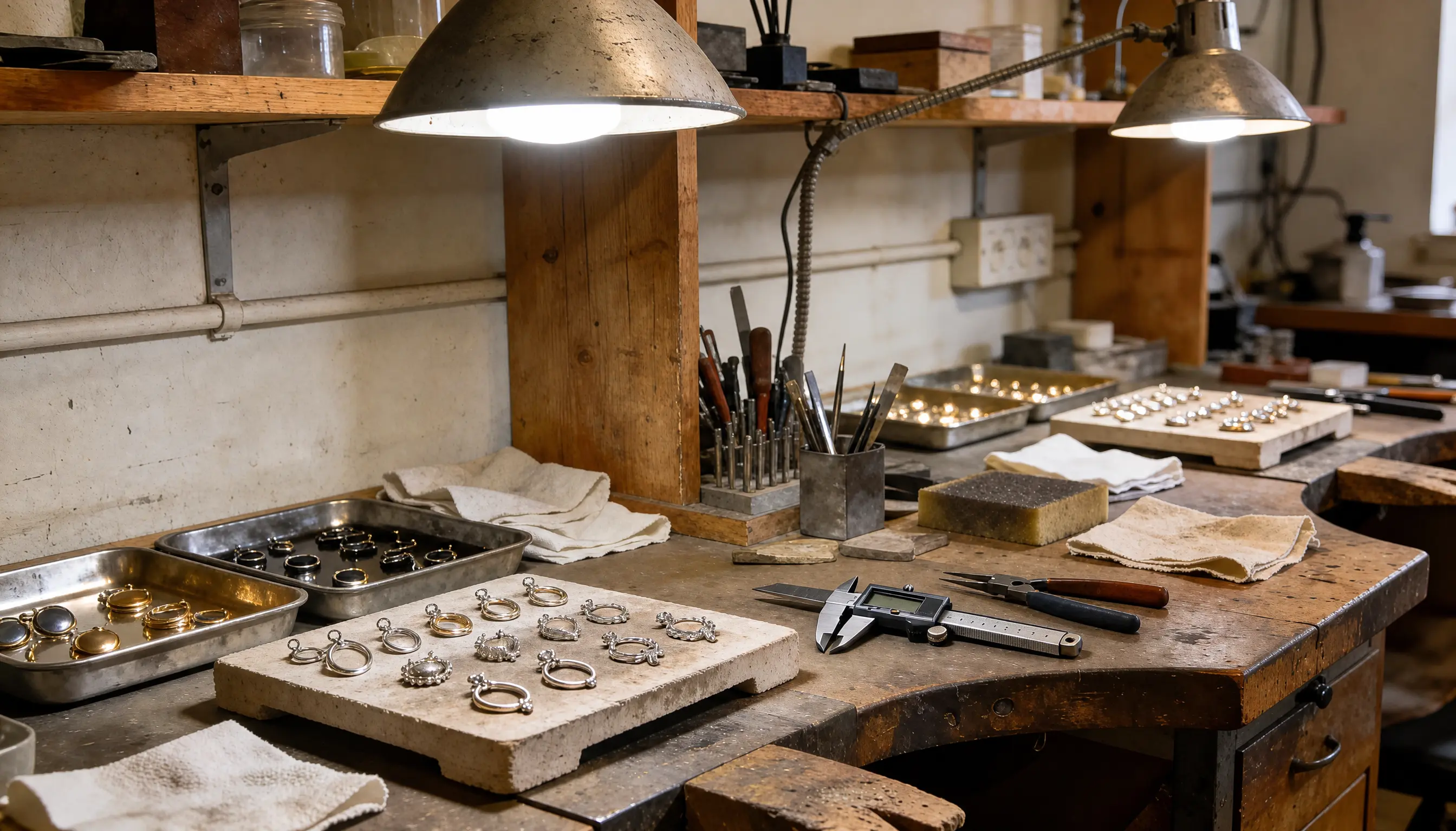 Trays of gold plated ring components, files and calipers under bench lamps in the Farnham workshop