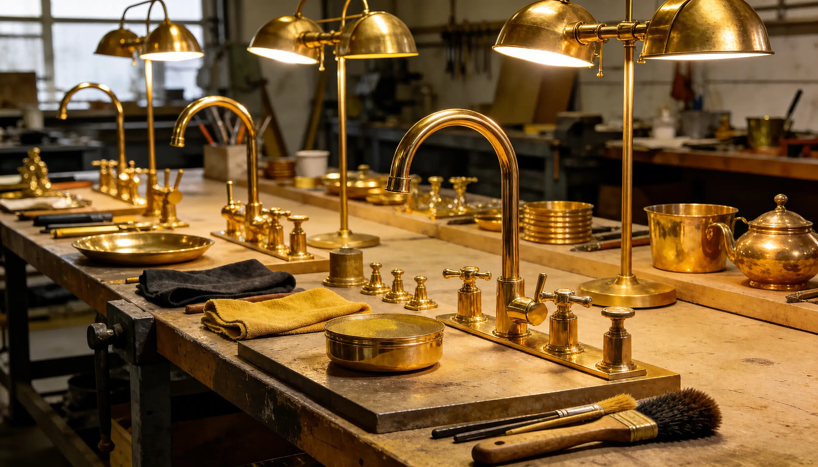 Gold plated taps, lamp shades, bowls and a tea caddy grouped on a Chobham fit-out bench
