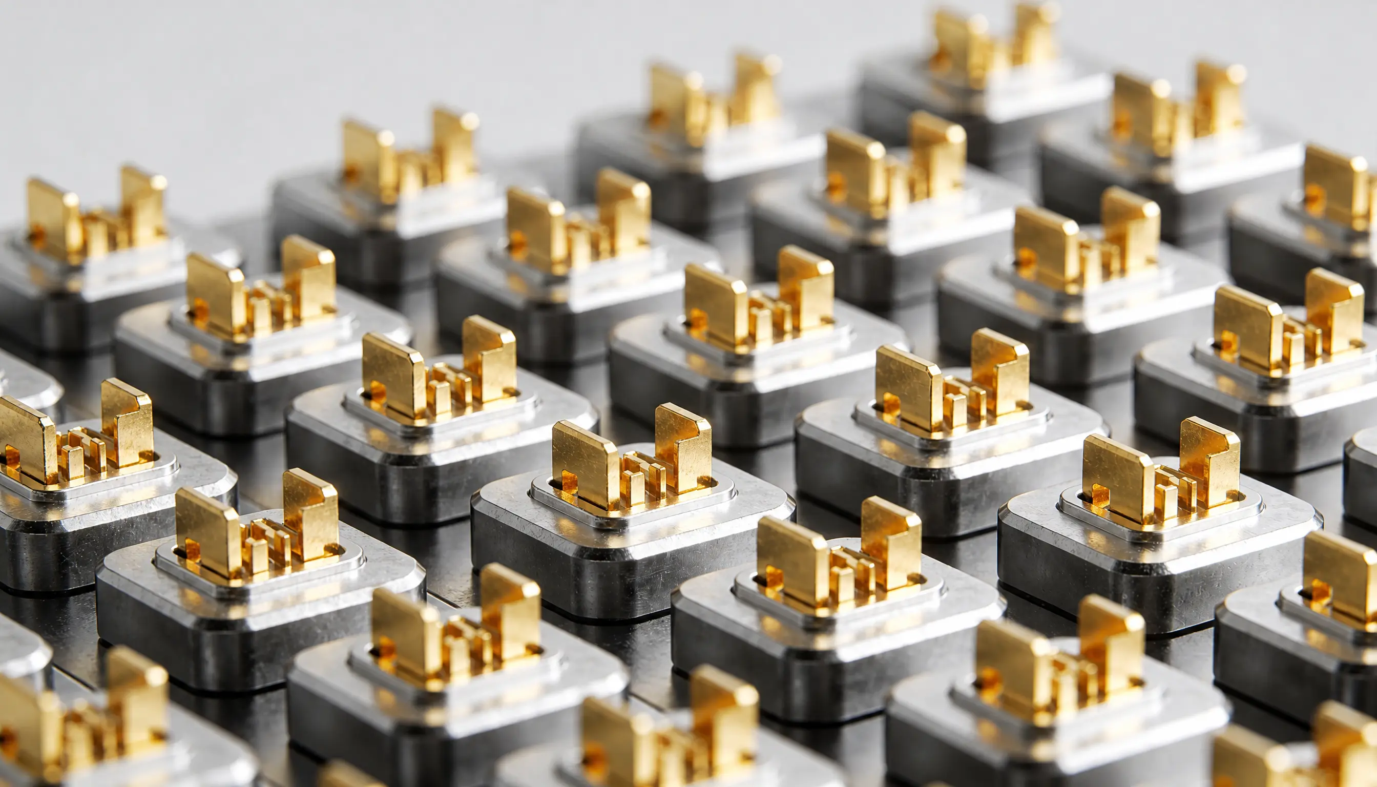 Grid of identical gold plated contact assemblies on metal blocks, batch plating for Bracknell electronics
