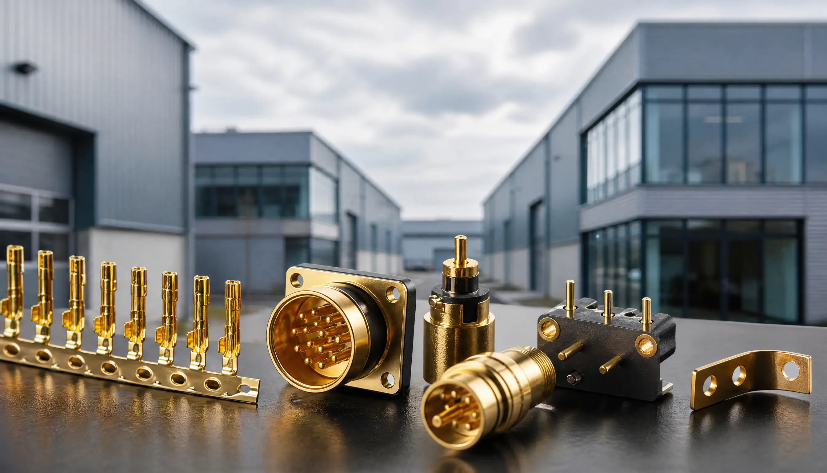 Gold plated connectors, pins and terminal housings on a bench, business park units behind, Basingstoke