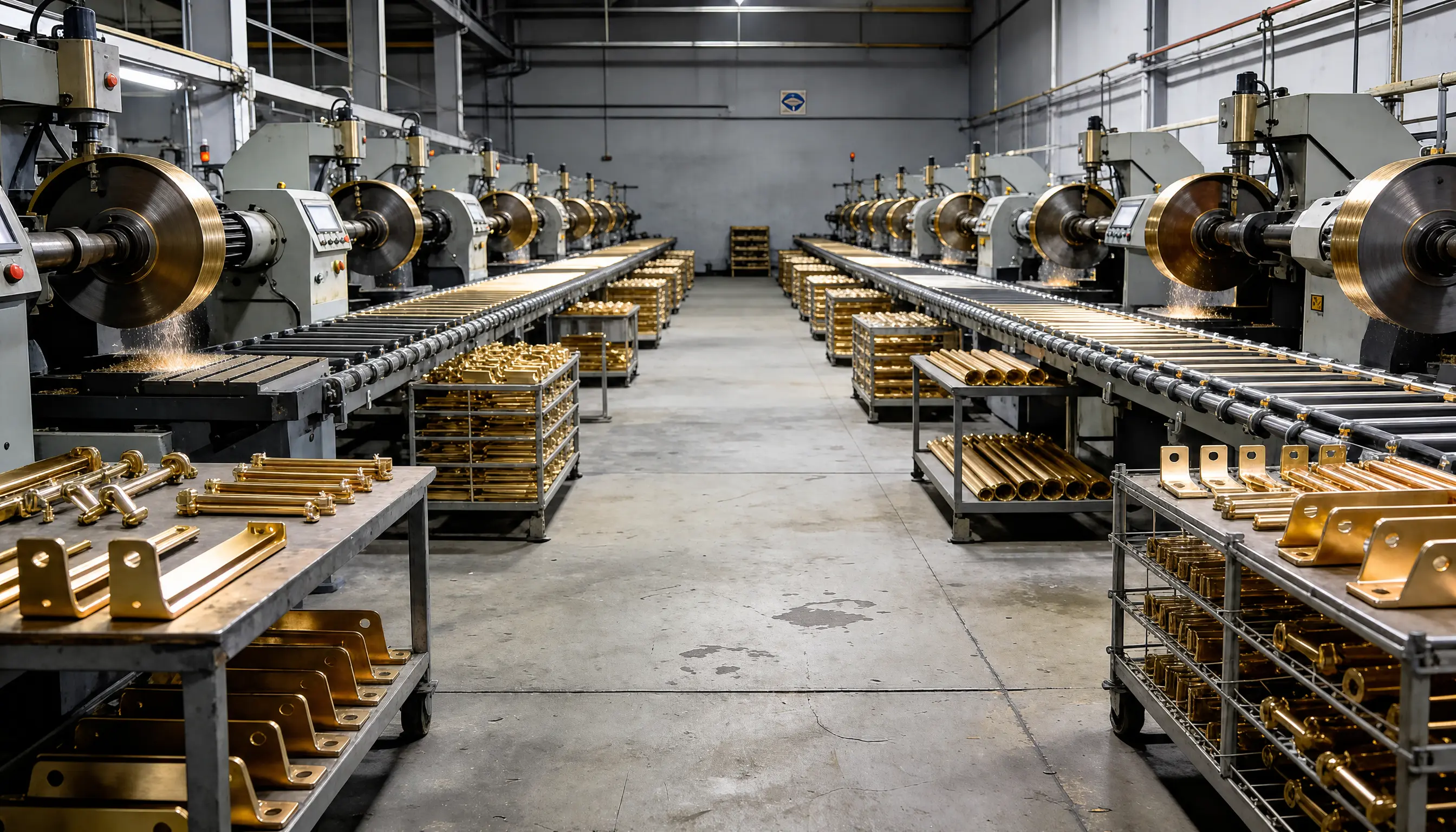 Trolley racks of gold plated brackets and bars between plating machines in a production hall near Andover