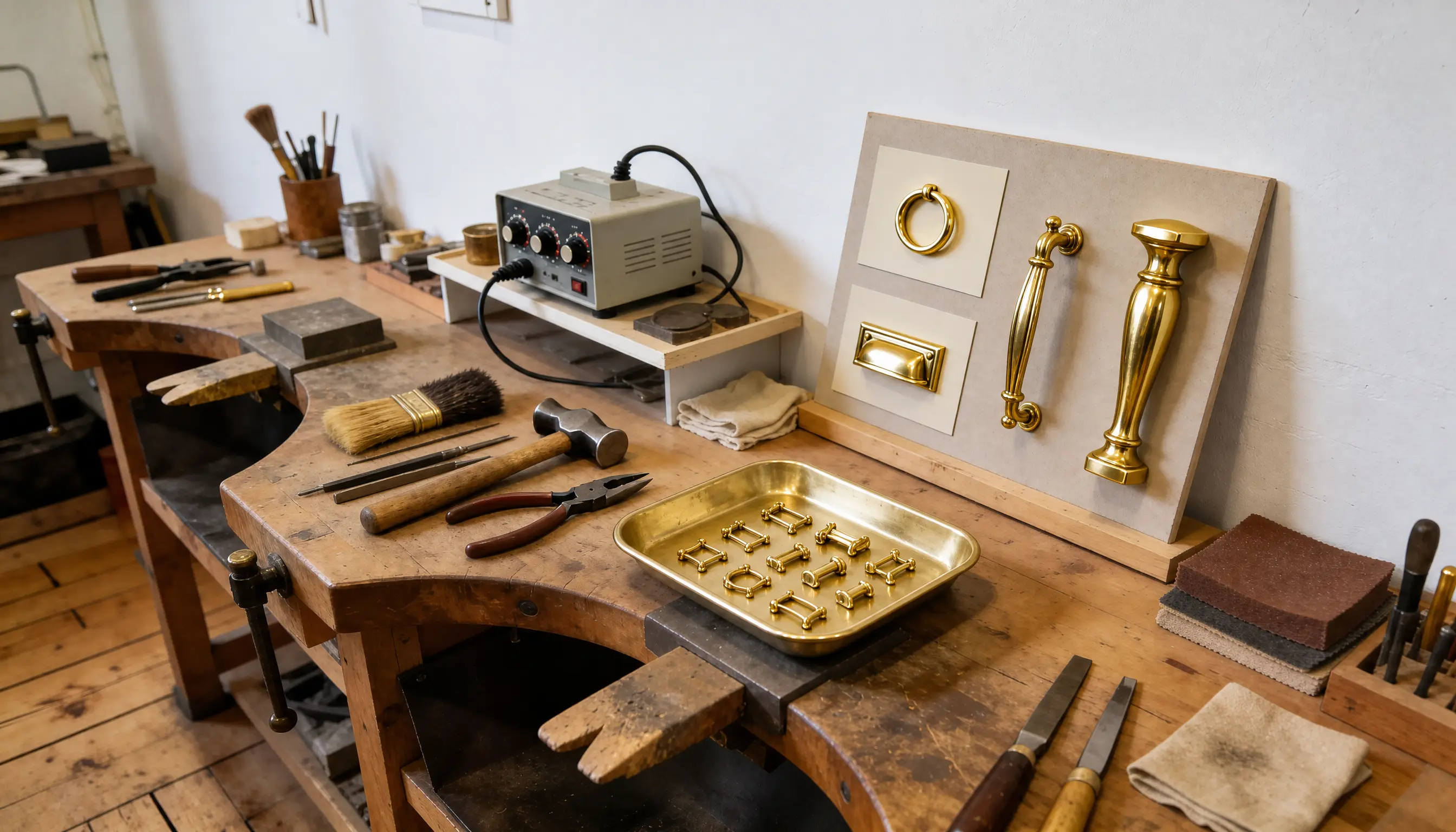 Sample board of gold plated door furniture beside brushes and a plating unit on an Alton workbench