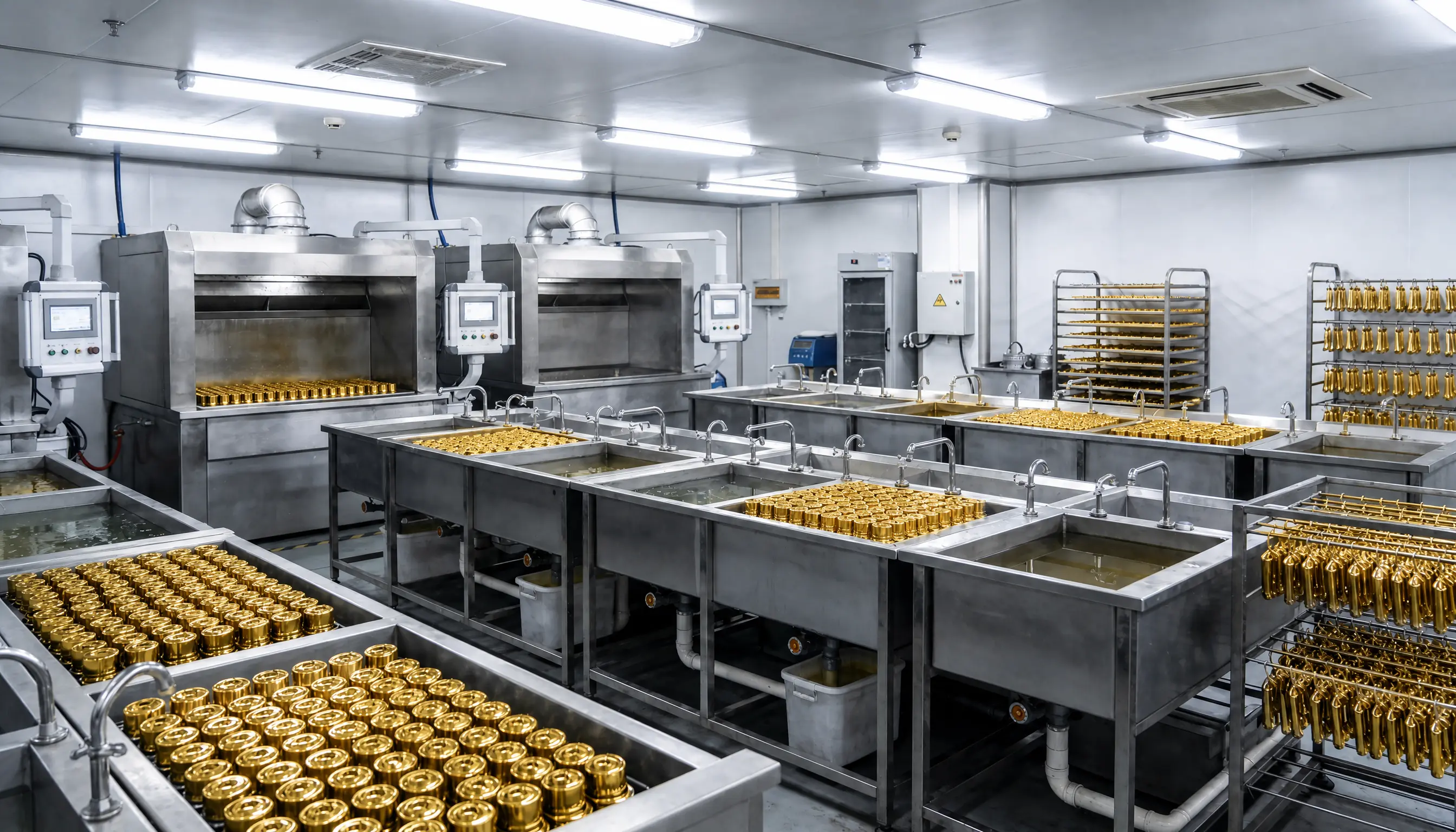 Racks of gold plated parts drying above plating tanks, repeat batch work for firms near Hook