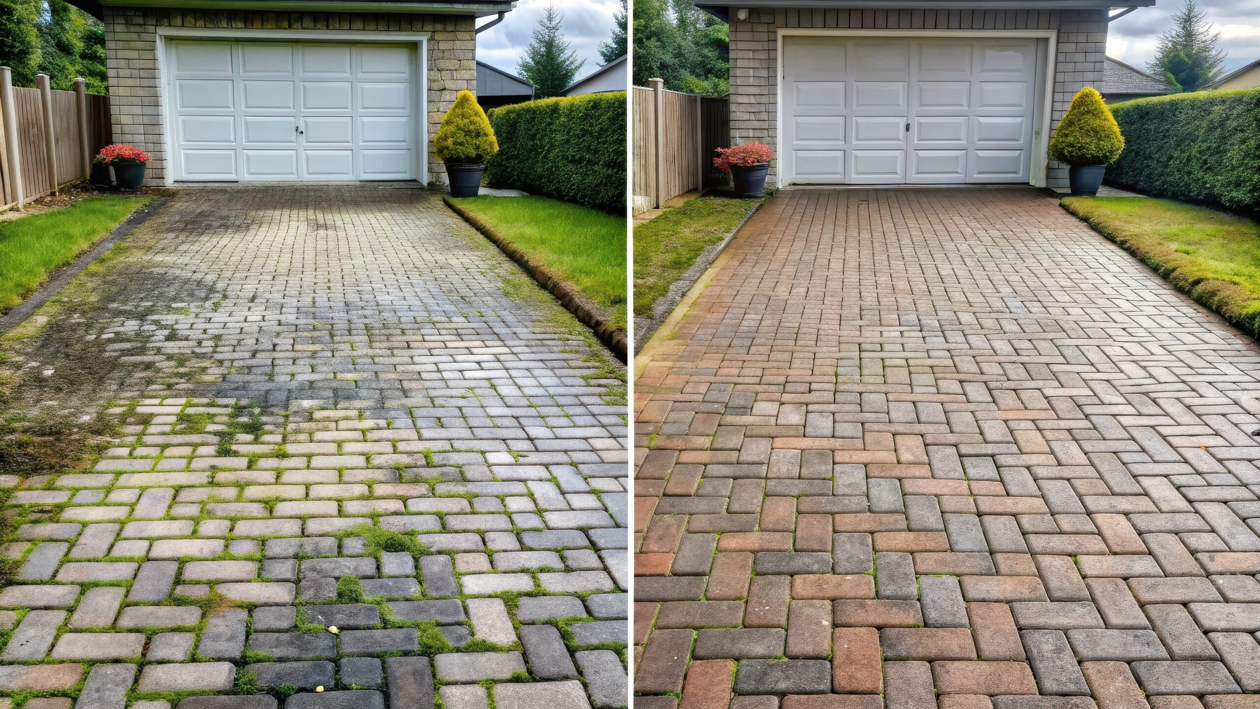 Before and After Brick Paver Driveway Cleaning weeds moss