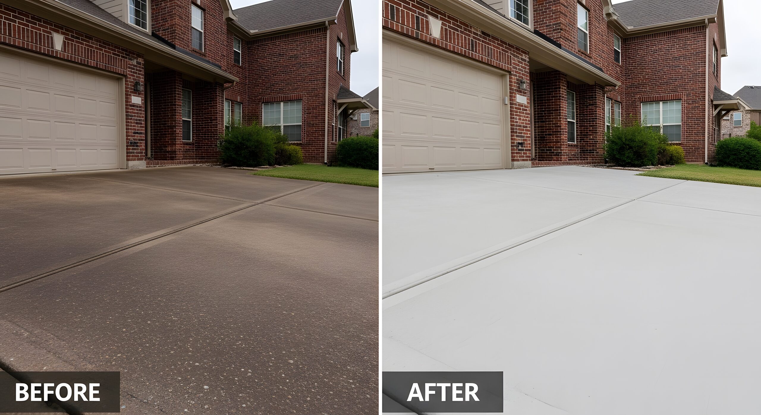 Cleaned concrete driveway before after power washing