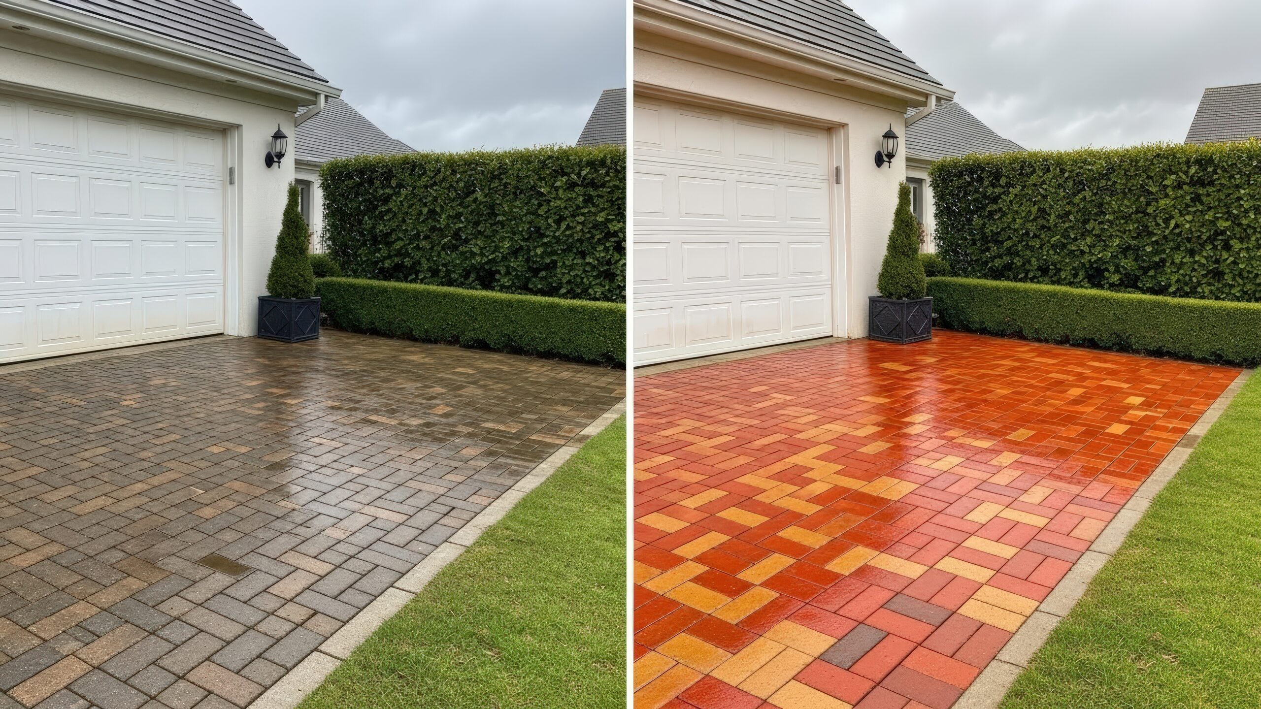 Clean driveway before after pressure washing stone pavement