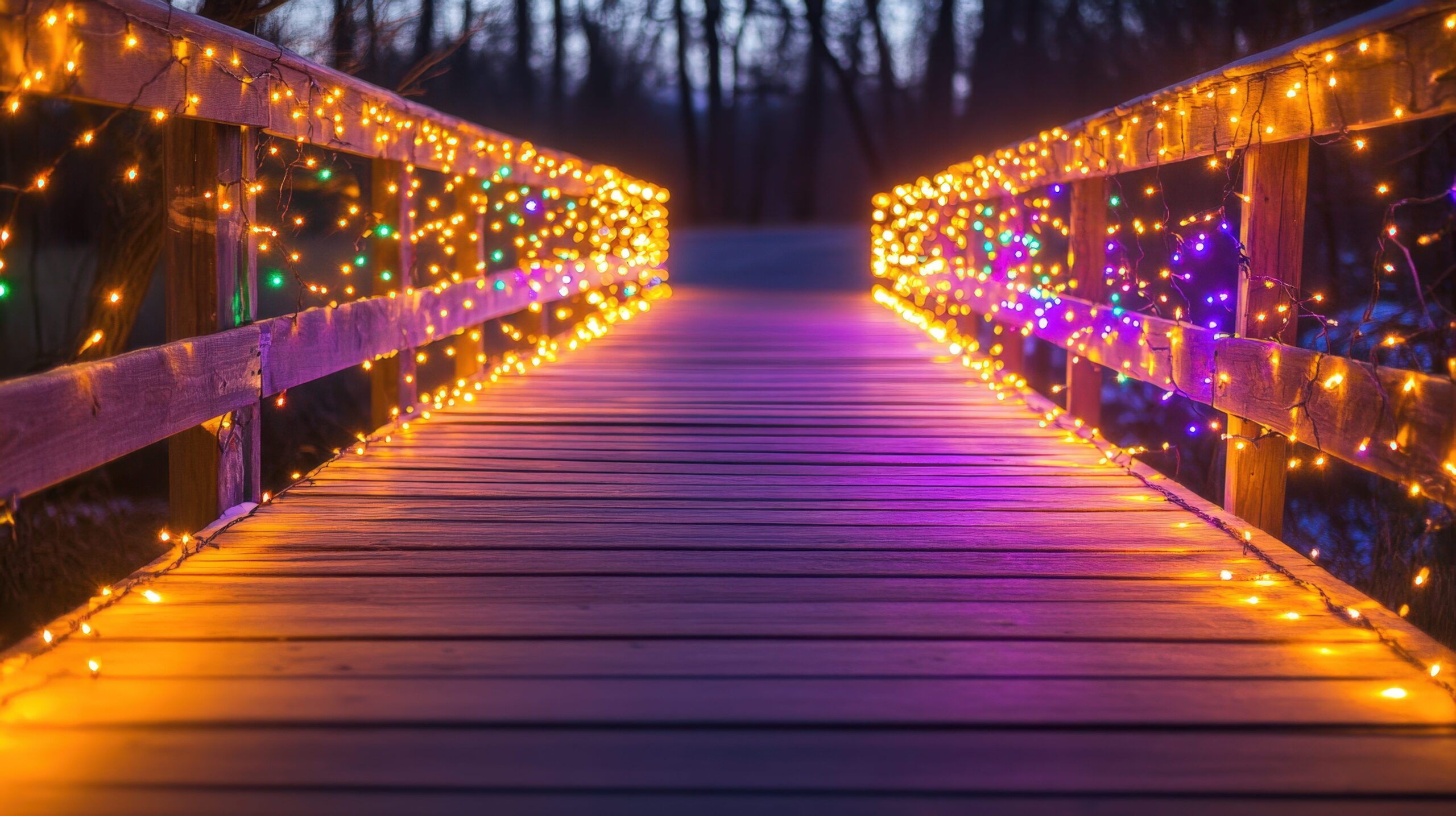 Festive christmas light display on wooden bridge