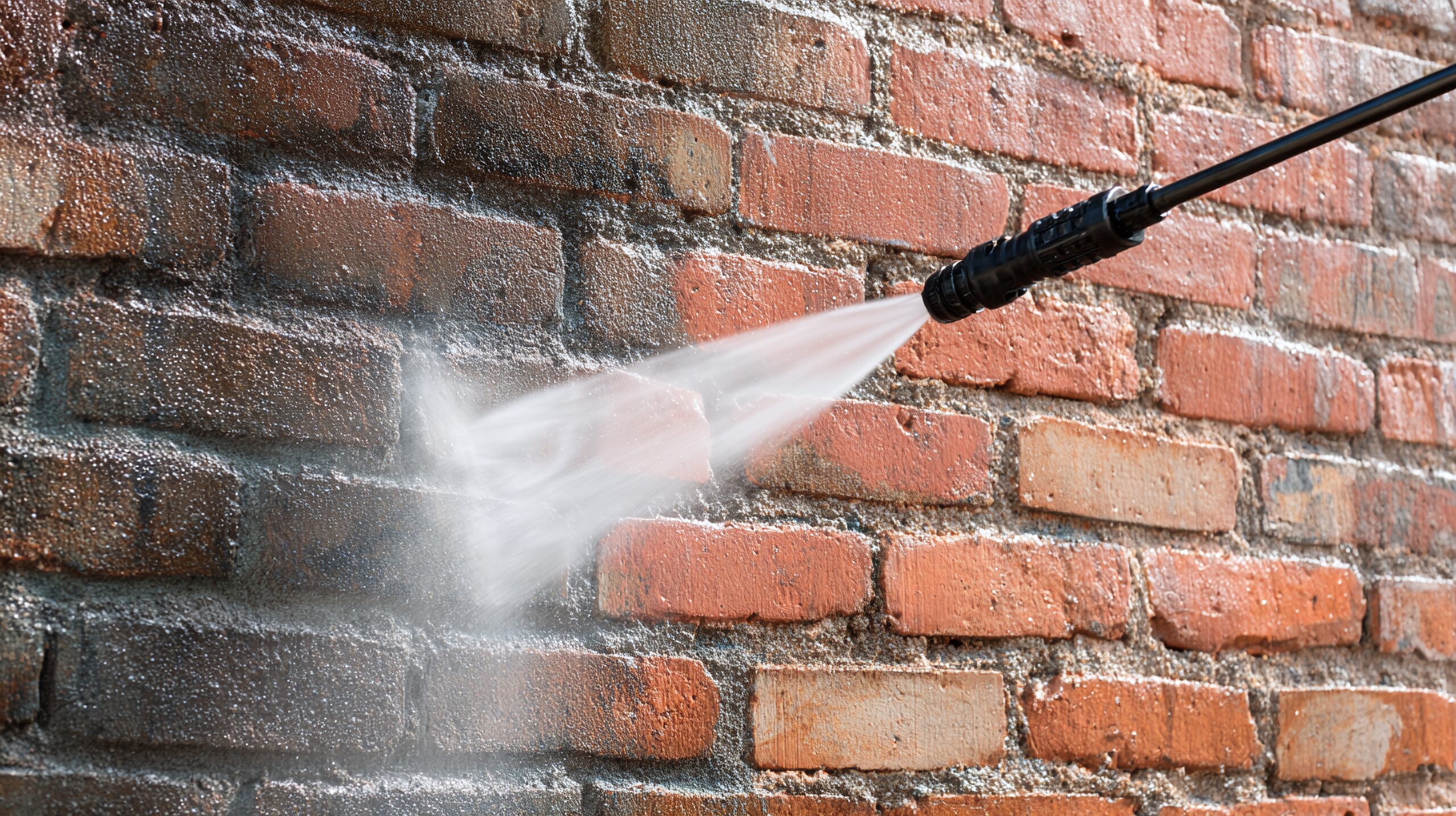 Pressure washing a brick wall clean dirty sections