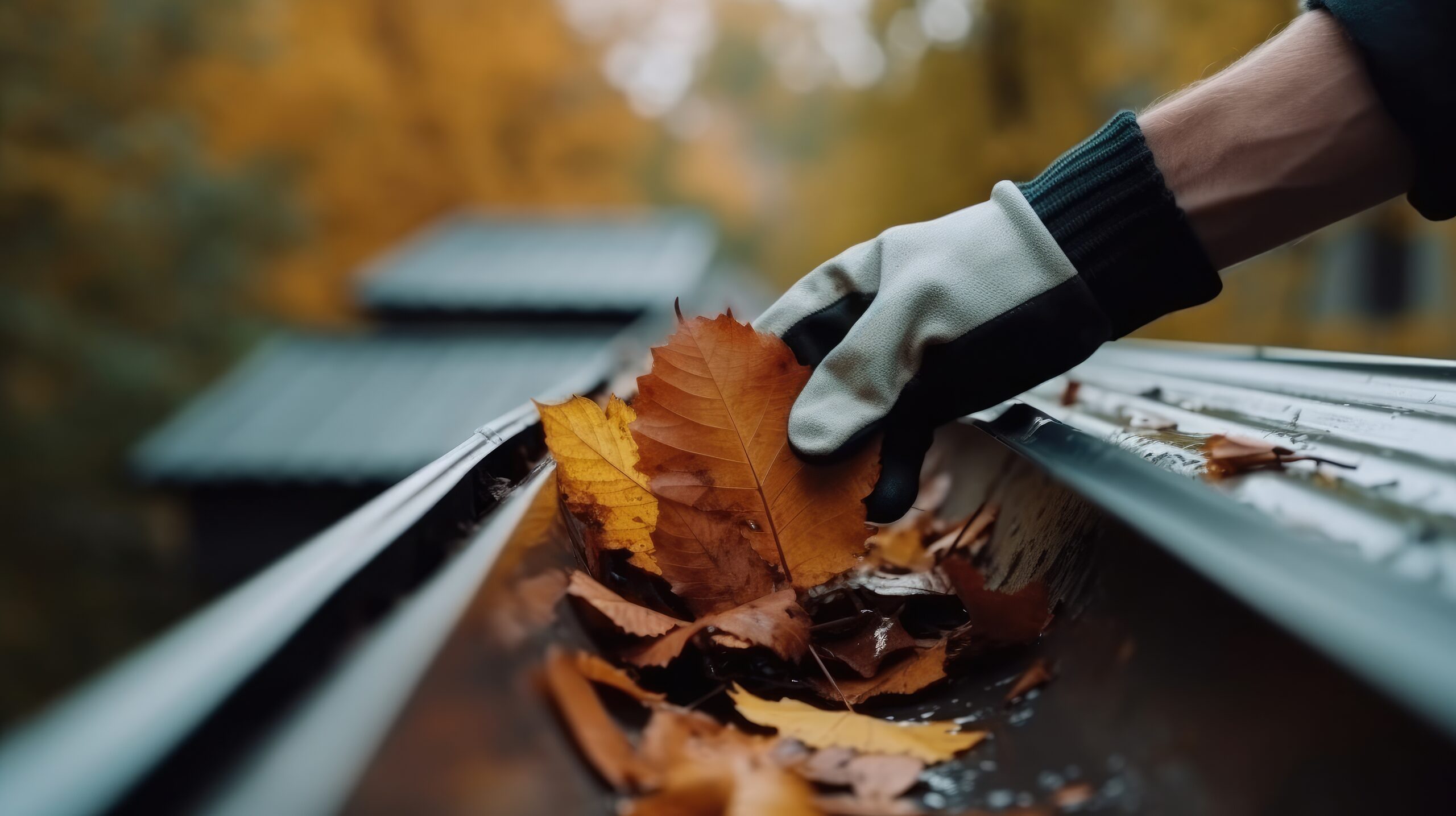 Hand cleaning autumn leaves from a commercial gutter before winter