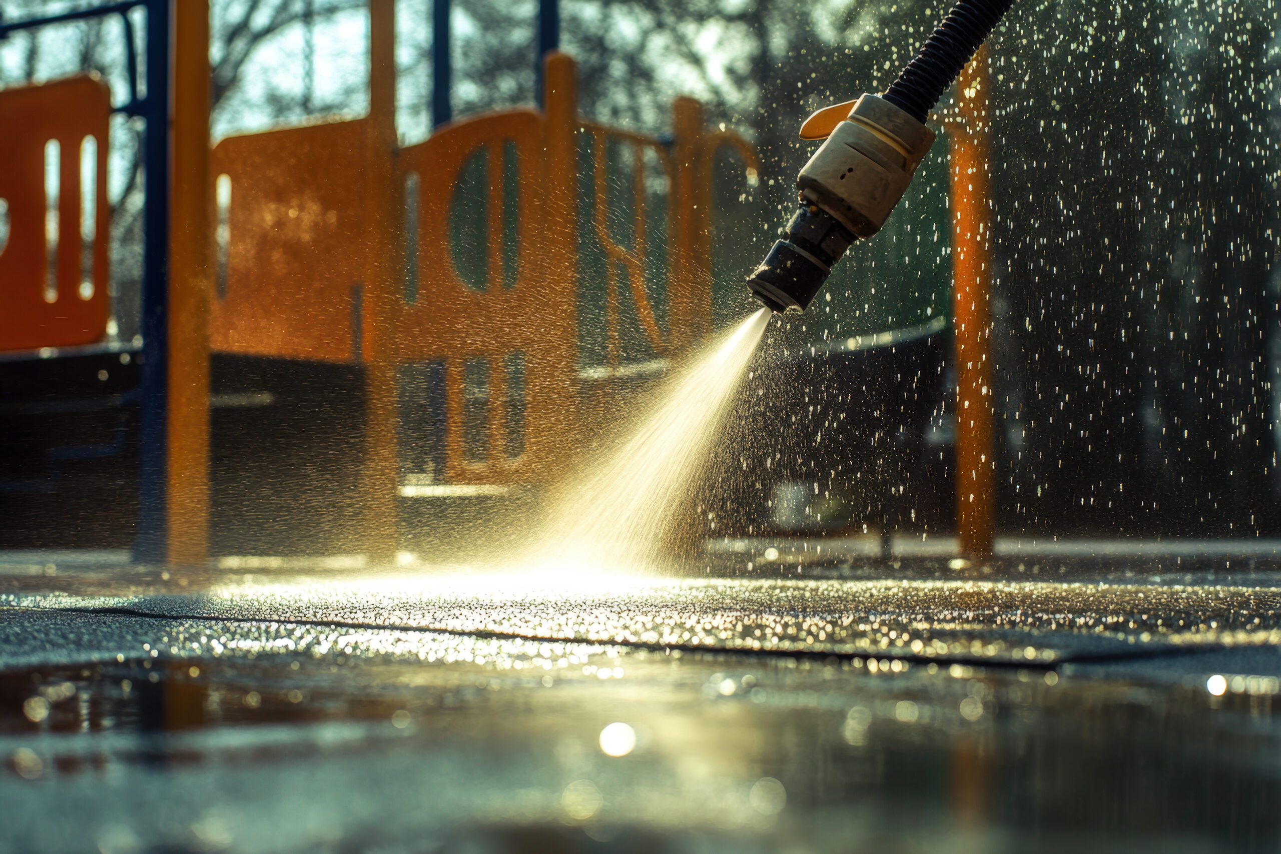 Surface cleaner pressure washing a commercial parking lot