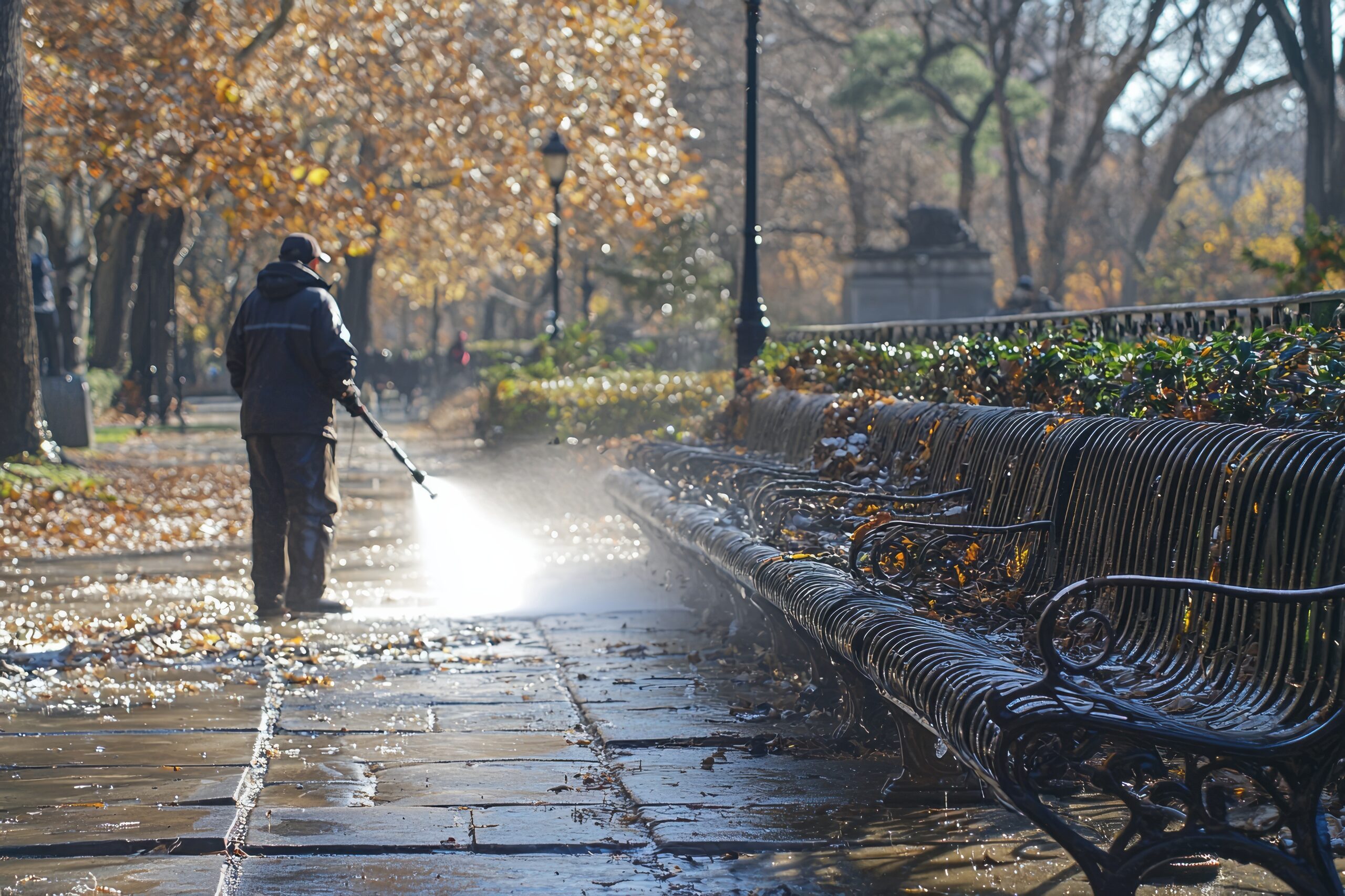 Workers pressure washers clean park benches