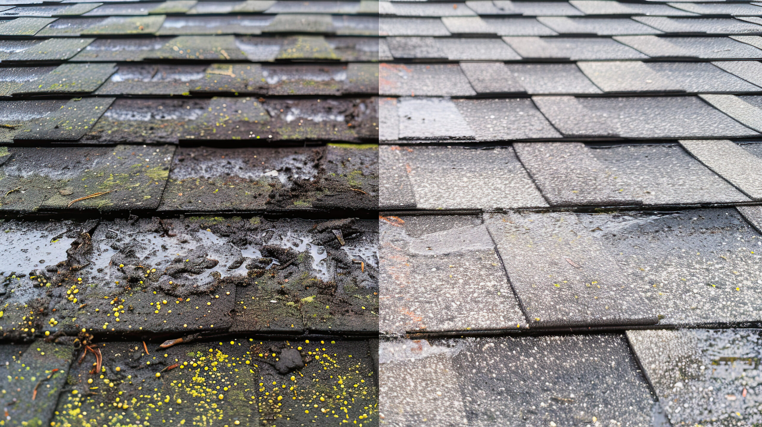 Roof comparison showing dirty moss-covered shingles beside clean shingles after cleaning.
