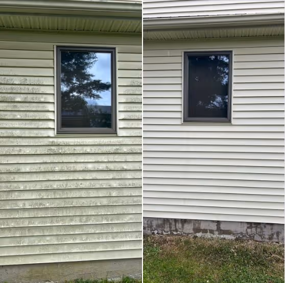 Side-by-side before and after of tan siding soft wash