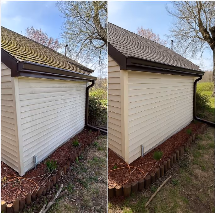 Side-by-side before and after of tan siding house wash